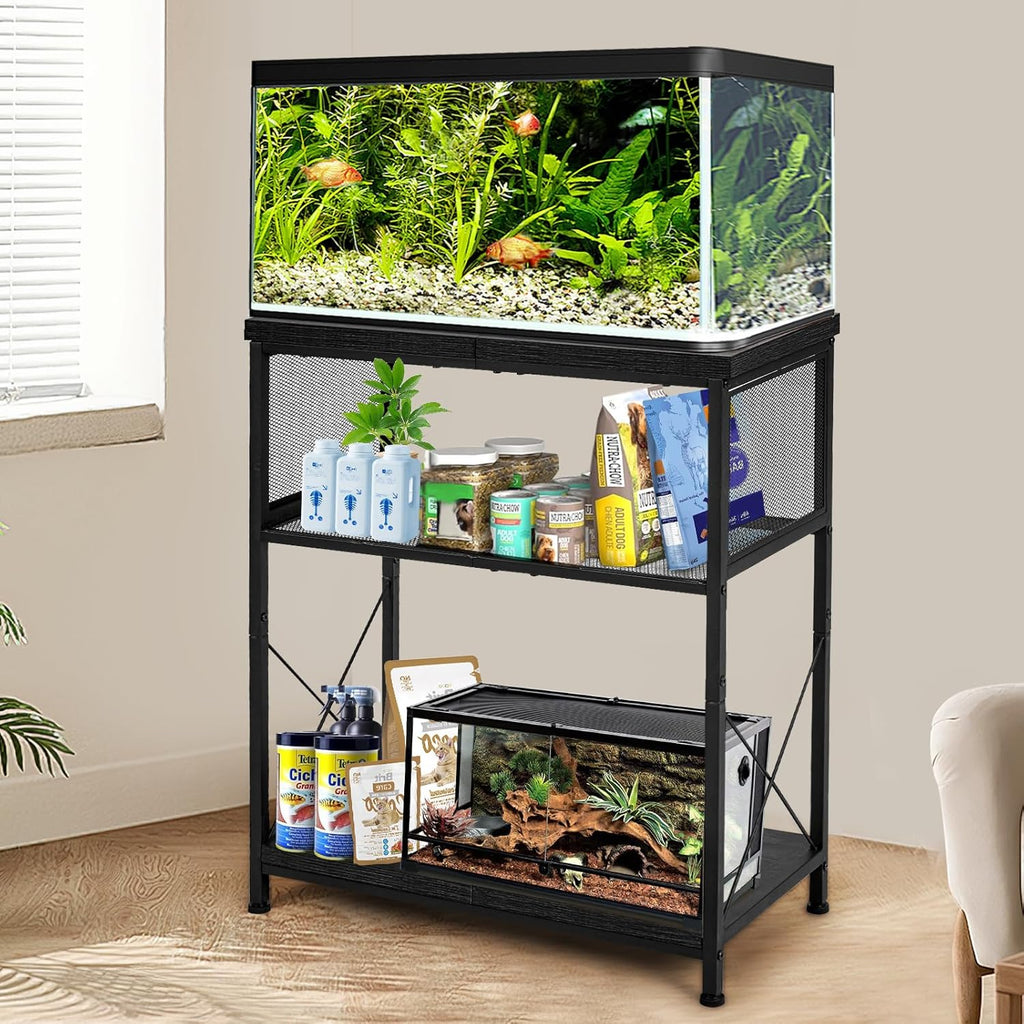 LALA IKAI Fish Tank Stand, 10-20 Gallon Metal Aquarium Stand Table with 2 Tiers Storage Shelf, 4-Leg Reptile Tank Stand, Black
