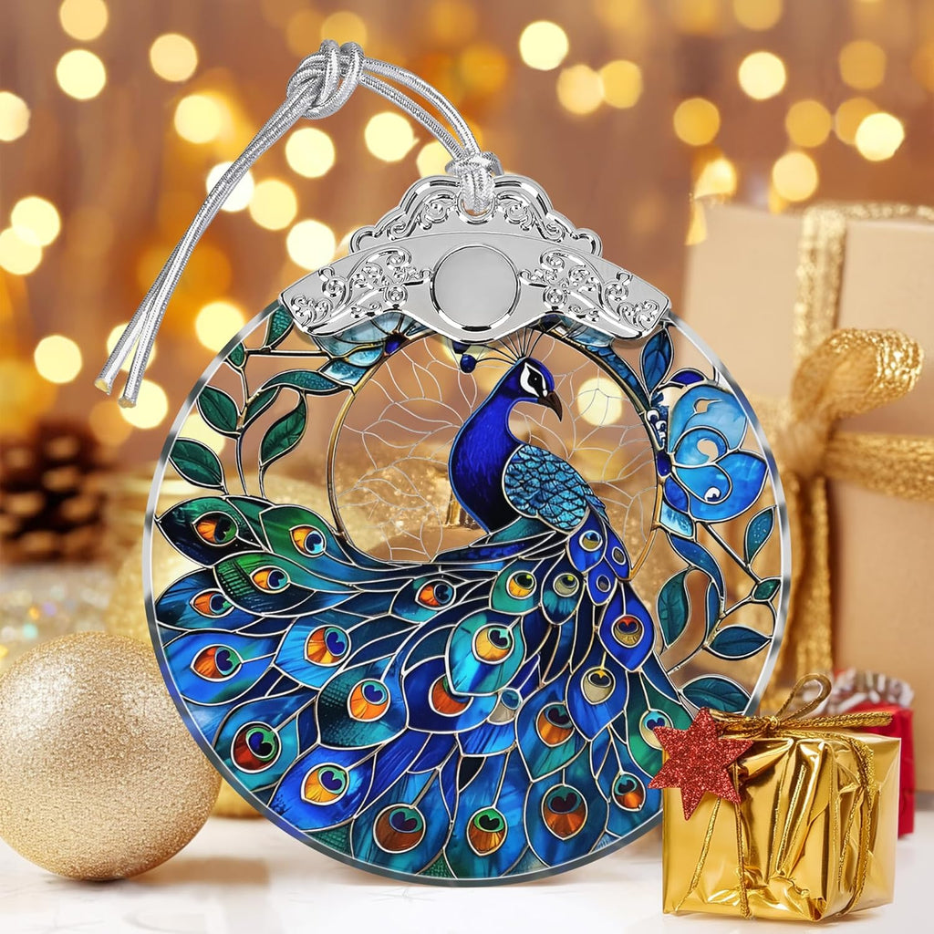 Peacock Stained Glass Ornament - Christmas Tree Decor, Peacock Ornaments for Holiday Gifts