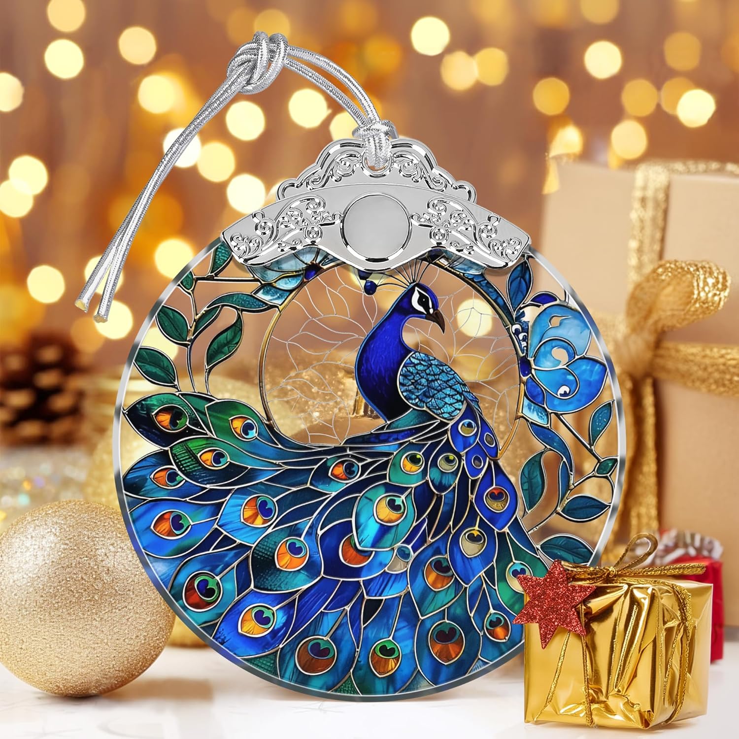 Peacock Stained Glass Ornament - Christmas Tree Decor, Peacock Ornaments for Holiday Gifts