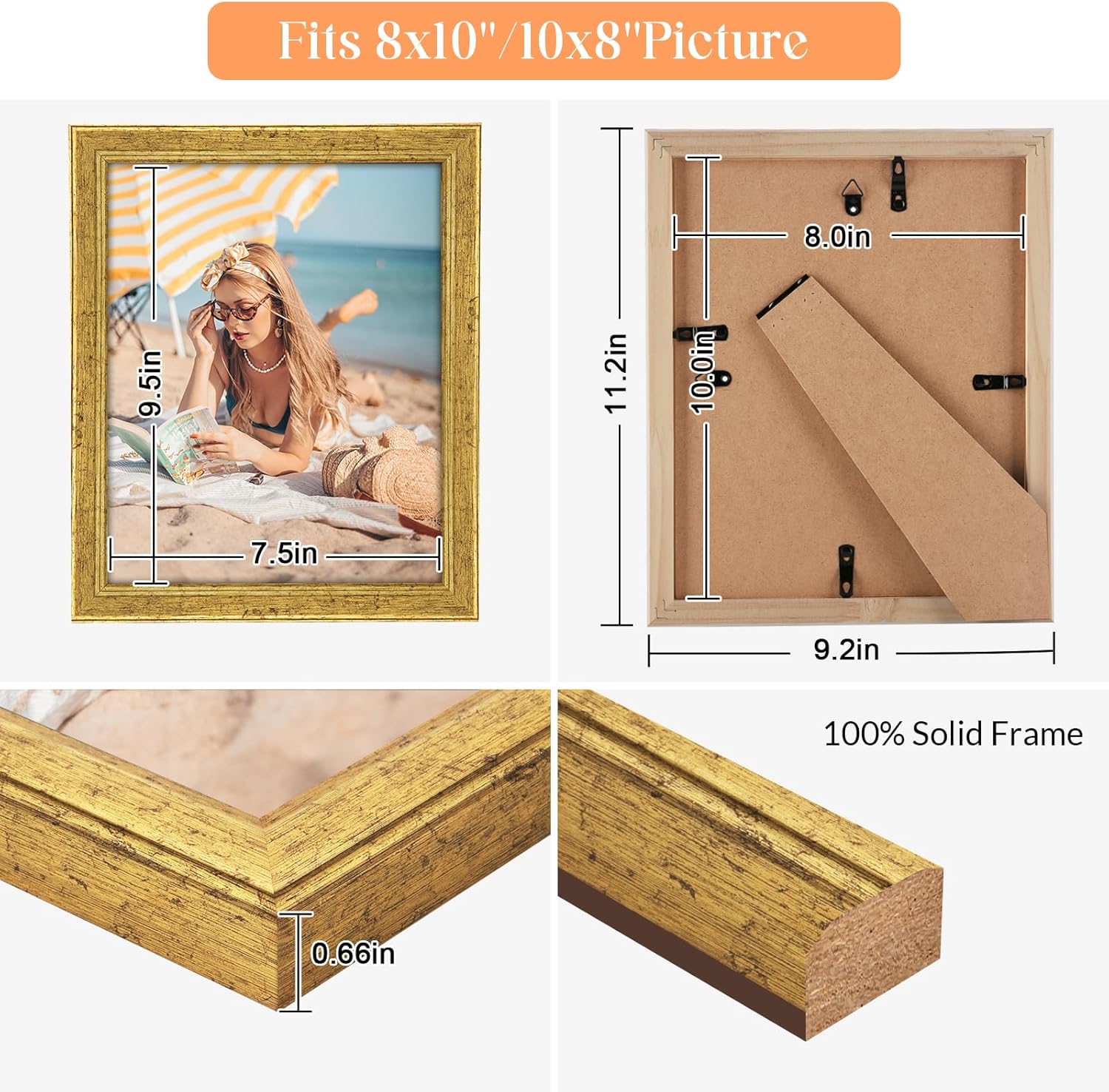 Wood 8x10 Frame Set Gold, Ornate Natural Wooden 10x8in Picture Frames, Modern Golden 8 x 10inch Gallery Photo Pic Frame with HD Plexiglass, Horizontal Vertical Wall Mounting Tabletop Display 1Pcs