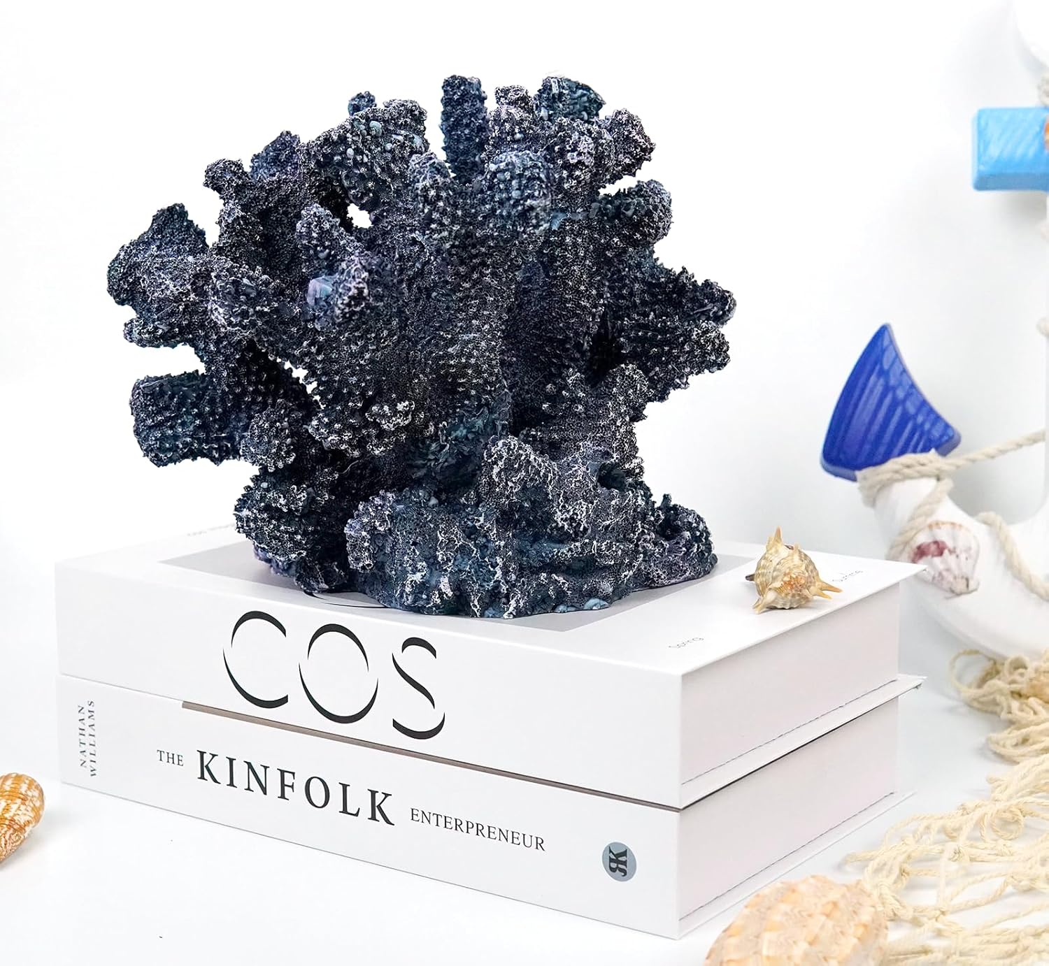 Coral Beach Decor, 7'' High x 8.6'' Width Artificial Resin Coral Reef Statue for Ocean Coastal Beach Nautical Themed Room Bathroom Decor for Home, RB1005B, Blue