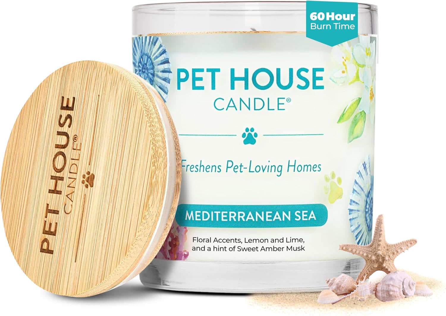One Fur All Pet House Candle Plant-Based/Soy - Clean Burning Scented, Long Lasting Pet Odor Candle for Home - Mediterranean Sea