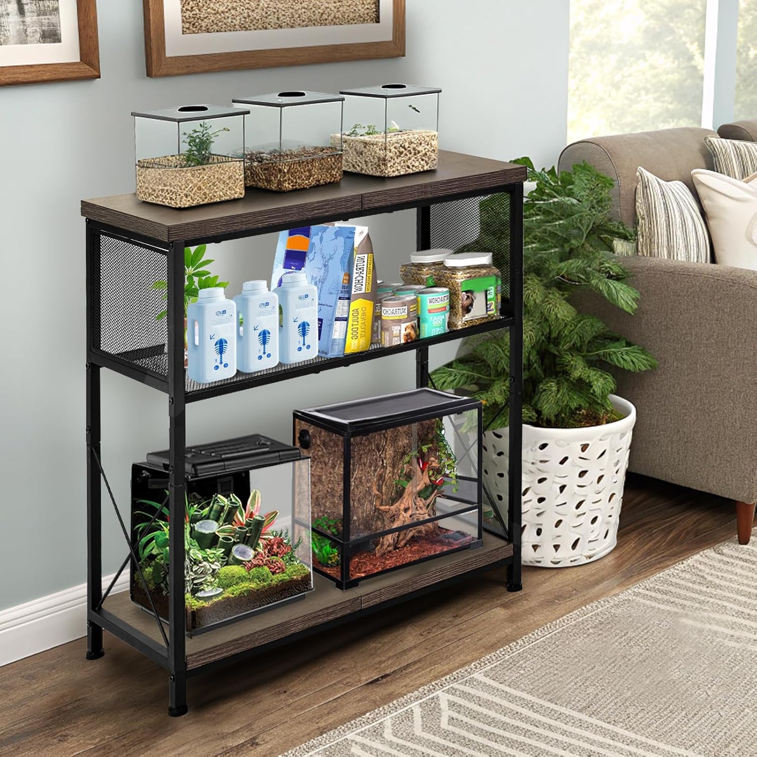 LALA IKAI Fish Tank Stand for 10-20 Gallon Aquariums Heavy Duty Adjustable Height Double Tier Steel Structure Sturdy Design Reptile Cage or Tank Storage Cabinet, Black