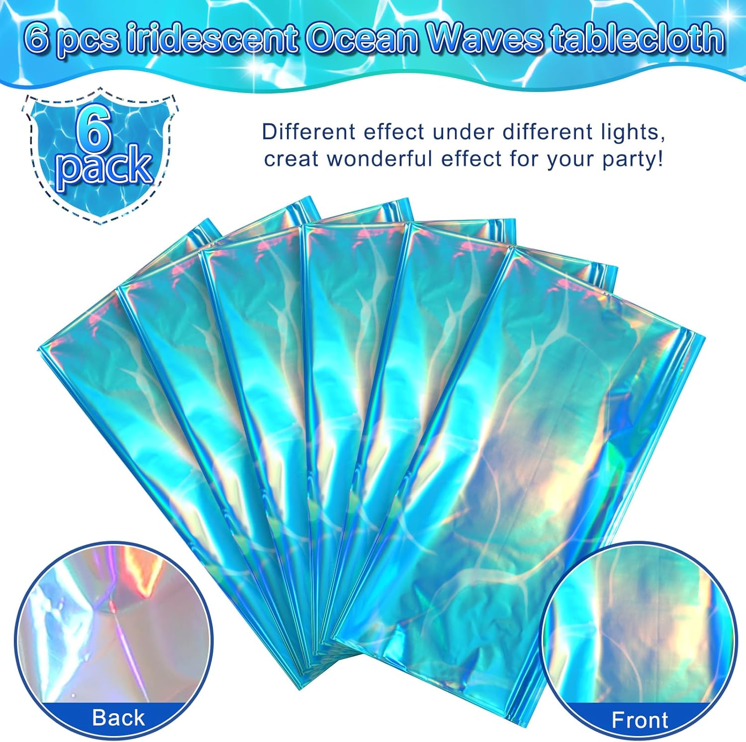6 Pack Ocean Tablecloths Iridescent Plastic Disposable Table Cloth Rectangle Water Wave Table Covers for Under Sea Ocean Pool Beach Party Decorations, 54 x 108Inch