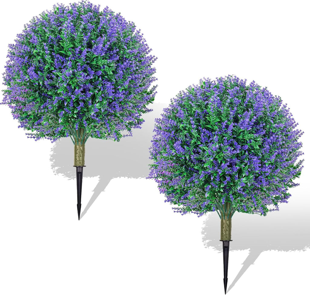 25.6" Artificial Lavender Topiary Ball Plants, 2 Pack Faux Bushes with Spike – UV Resistant & Fade Resistant Artificial Shrubs, Fake Lavender Trees for Indoor Outdoor Front Porch Garden