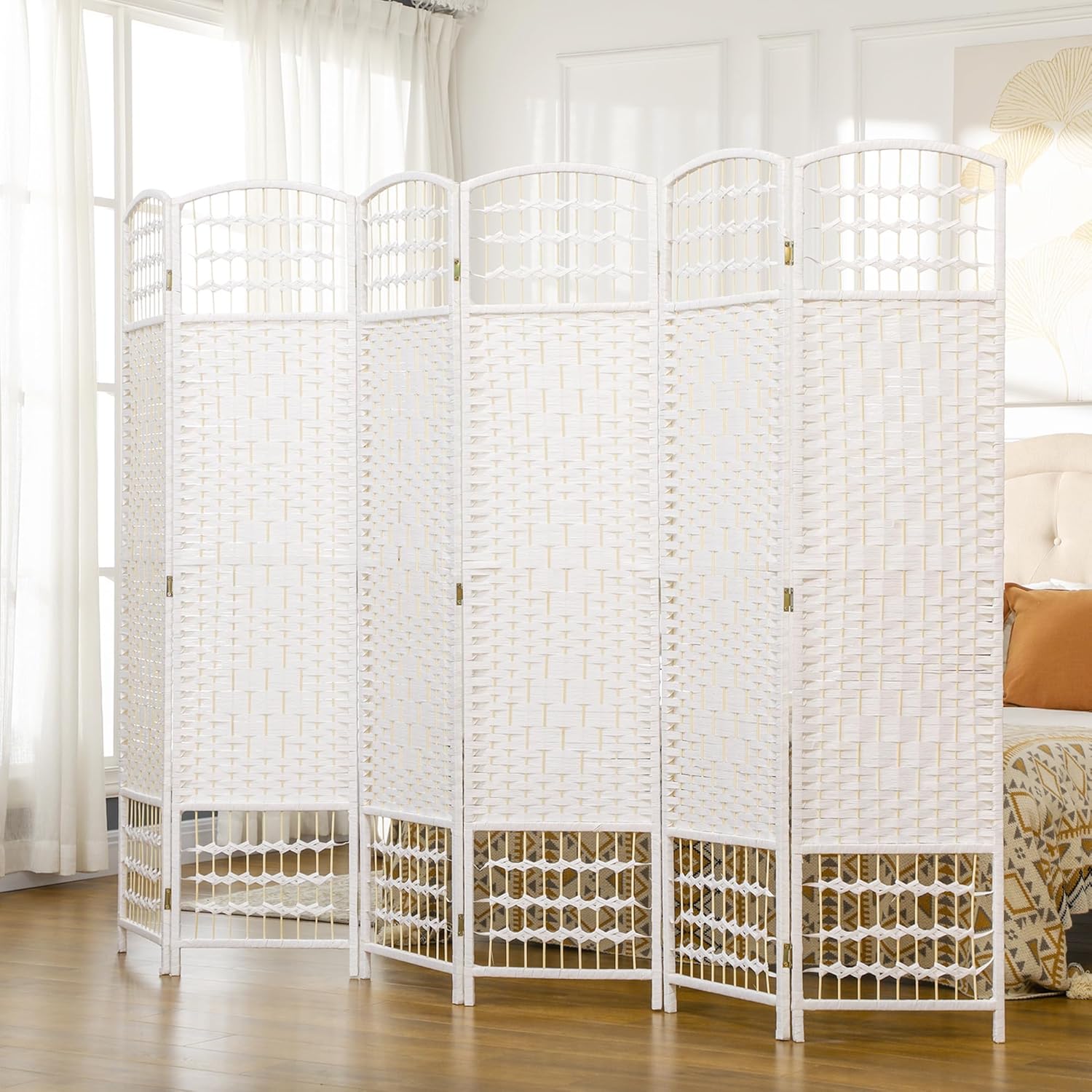 HOMCOM 6 Panel Room Divider, Folding Privacy Screen, 5.6' Room Separator, Wave Fiber Freestanding Partition Wall Divider, White