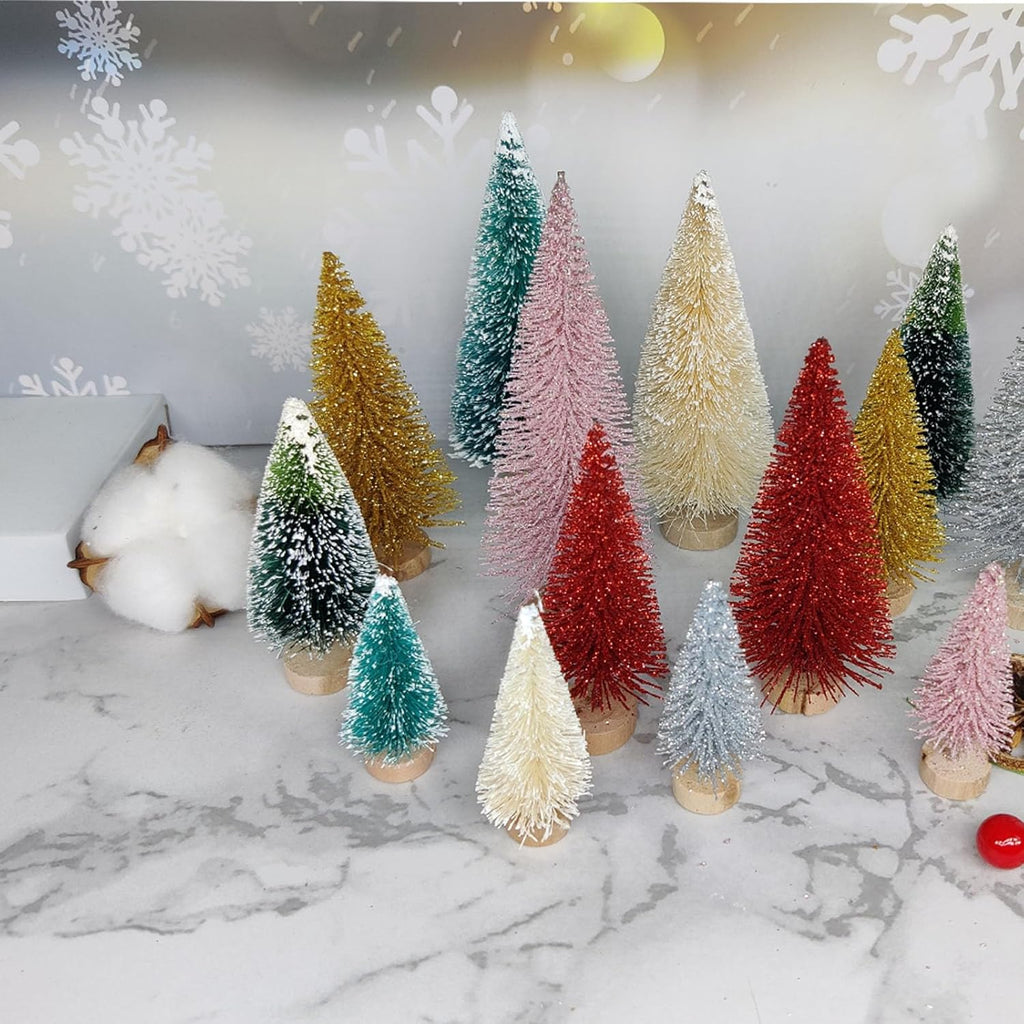 8 Pcs Artificial Mini Christmas Trees, Miniature Pine Trees Sisal Trees with Wood Base Tabletop Christmas Tree for Christmas Xmas Holiday New Year (Pink, 8 pcs)