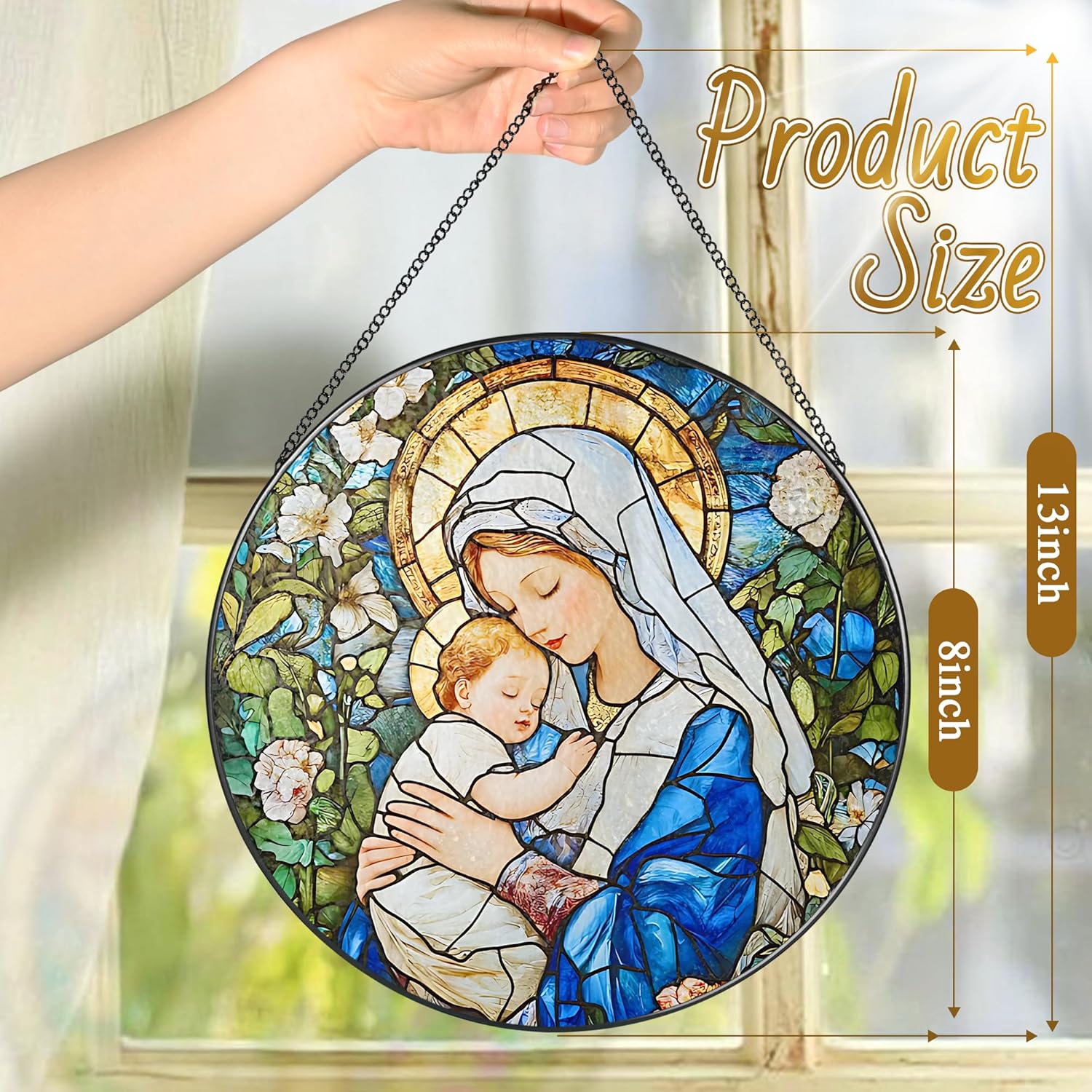 8 Inch Virgin Mary Stained Glass Suncatcher, Suncatchers for Windows Hanging, Baby Jesus Window Decoration, Religious Suncatcher, Catholic Window Hanging, Gift for Religious, Christian Gifts