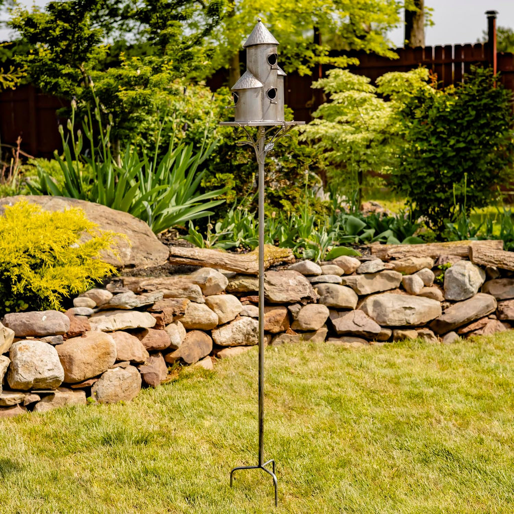 Zaer Ltd. Large Silver Colored Multi-Birdhouse Stakes, Room for 4 Bird Families in Each (Tall Triple Cylinder Homes (Silver Color))