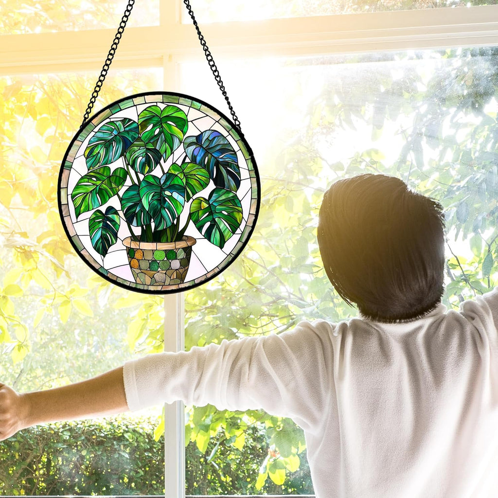 Stained Glass Window Hanging, Green Plant Monstera t Suncatcher Diamond Colorful Glass Panel Sun Catchers Decor for Birthday for Women, Men, Wife, Aunt, and Mom 7.8 in