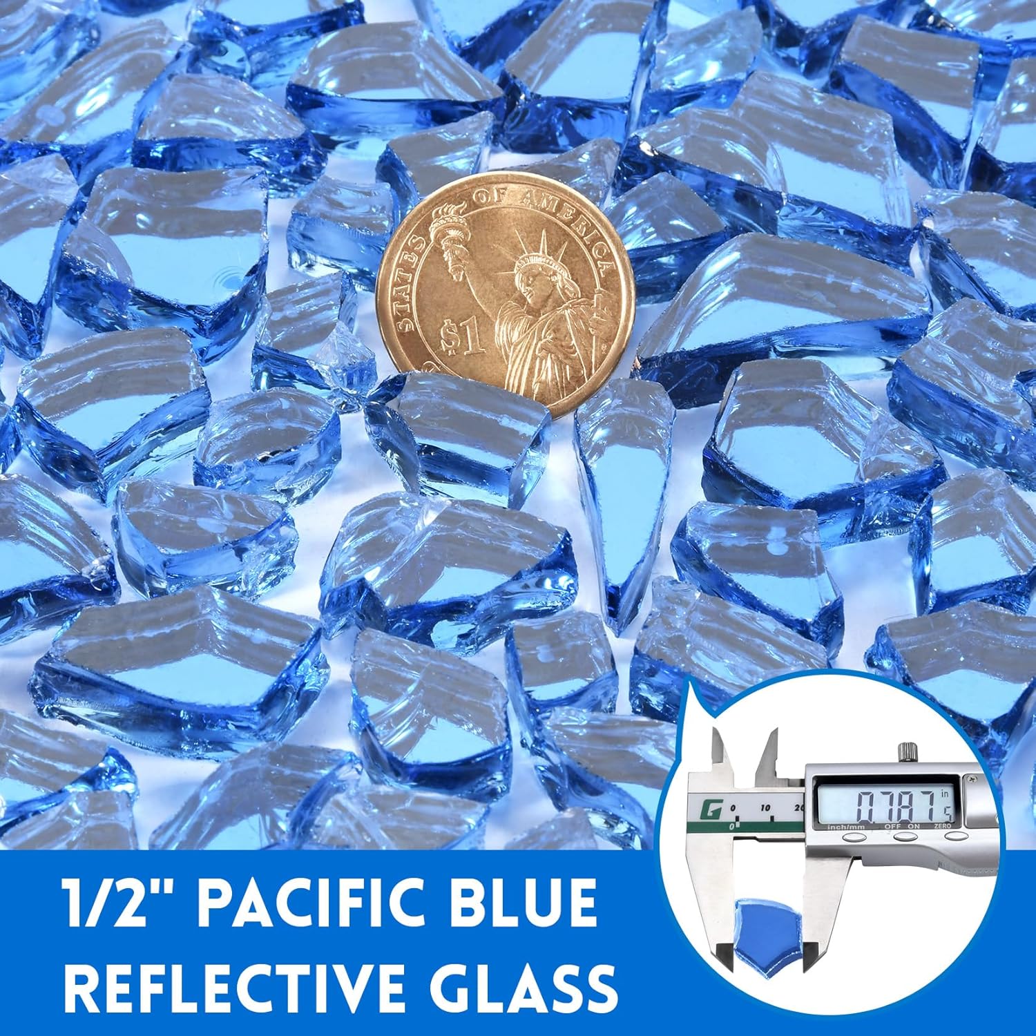 GasSaf 1/2 Inch Fire Glass Reflective Tempered Fireglass Cut Crushed FireGlass for Fire Pit, Fireplace, Replaces Existing Gas Logs & Lava Rocks (20 Pound)(Pacific Blue Reflective)