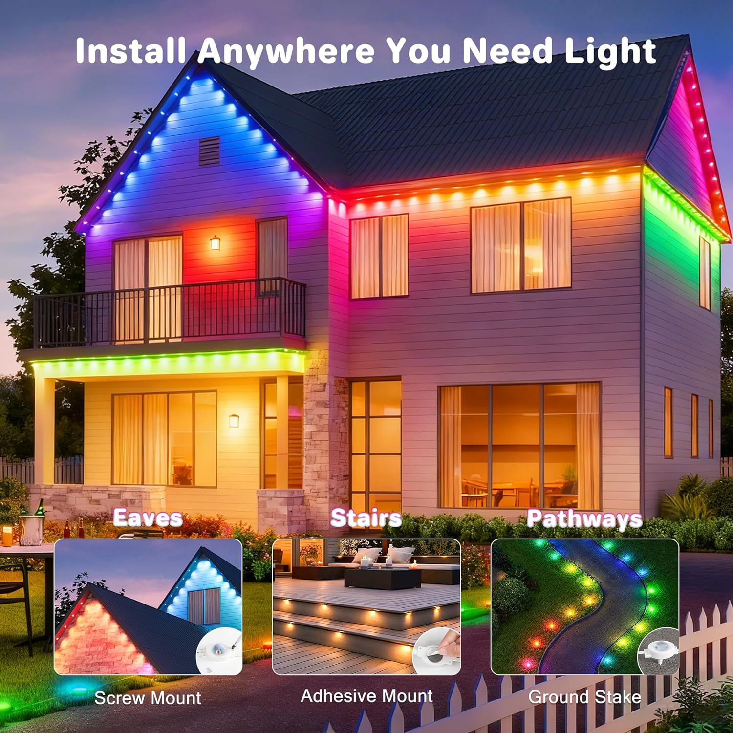 Permanent Christmas Lights Outdoor, 60 LED 100ft Color Changing Light with Remote and APP Control, Smart RGB String Lights Plug in for Eaves, Roof, Xmas, House, Holiday, Party Decor