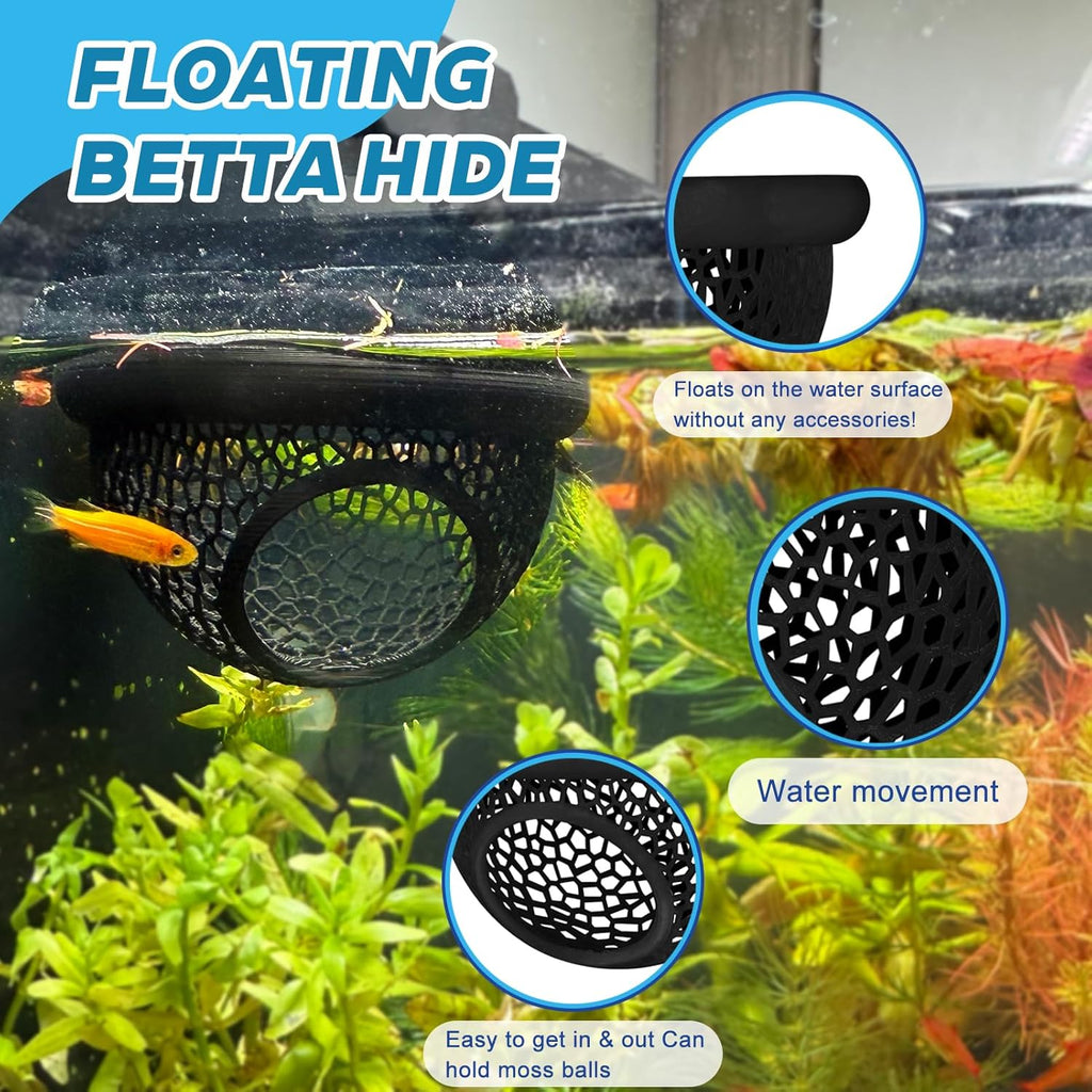 Floating Betta Hide & Shrimp Cave – 3-in-1 Aquarium Hammock, Feeder Ring & Resting Spot – 3D Printed Floating Log for Betta Fish, Shrimp, Corydoras – Nano Tank Decor & Stress-Free Shelter
