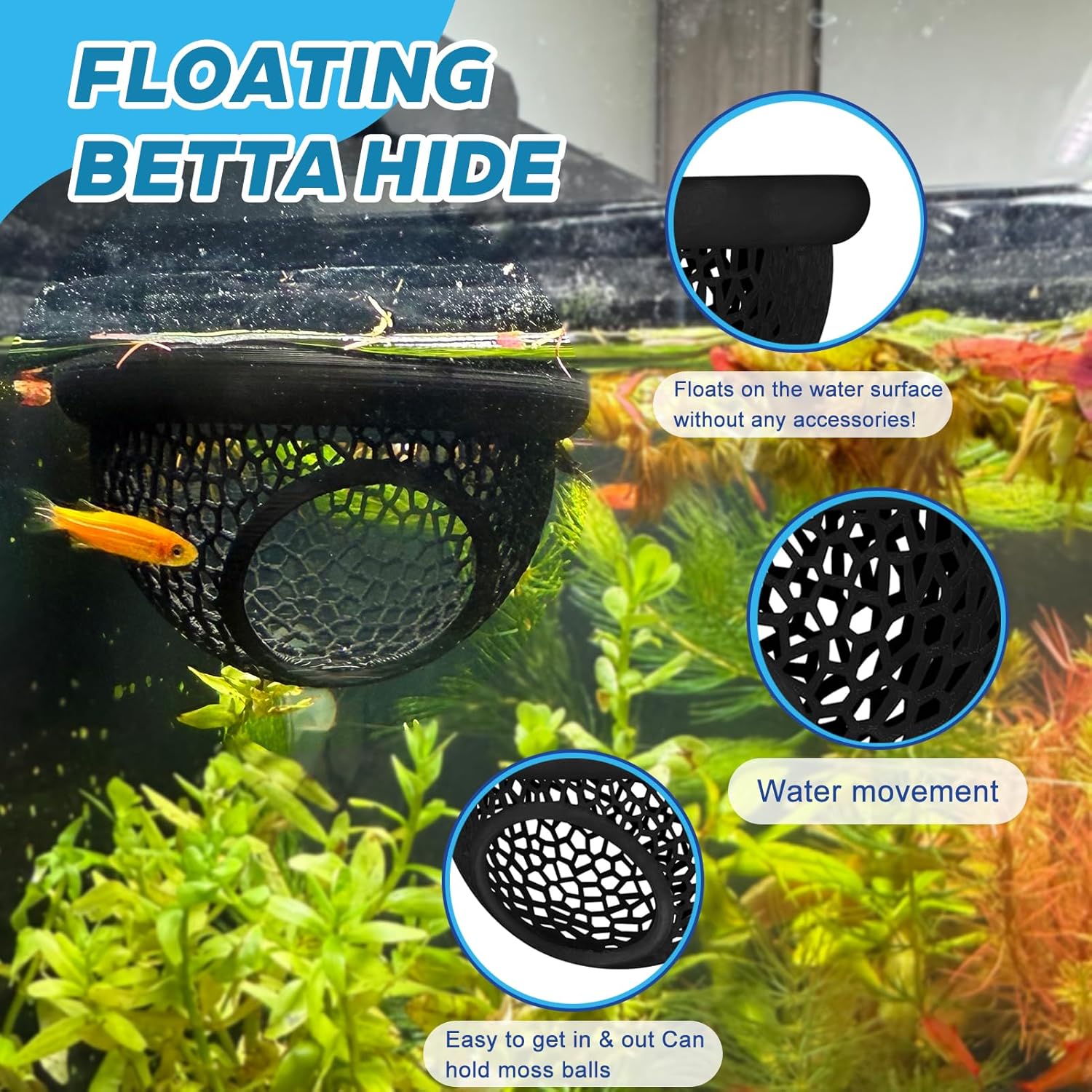 Floating Betta Hide & Shrimp Cave – 3-in-1 Aquarium Hammock, Feeder Ring & Resting Spot – 3D Printed Floating Log for Betta Fish, Shrimp, Corydoras – Nano Tank Decor & Stress-Free Shelter