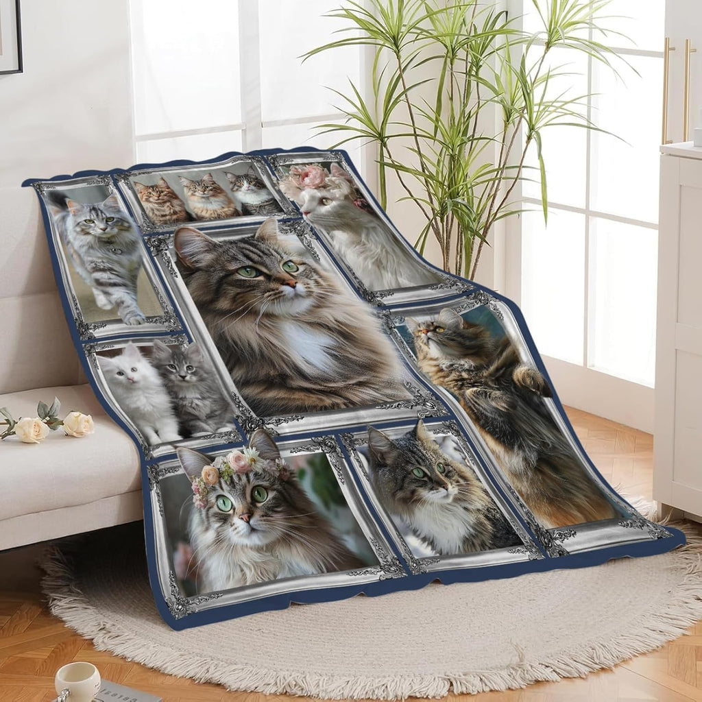 Maine Coon Cat Blanket Cute Kitten Throw Blankets Gifts for Girls Boys Kids Cat Lover Soft Cozy Fleece Plush for Couch Sofa Bed 80"x60"