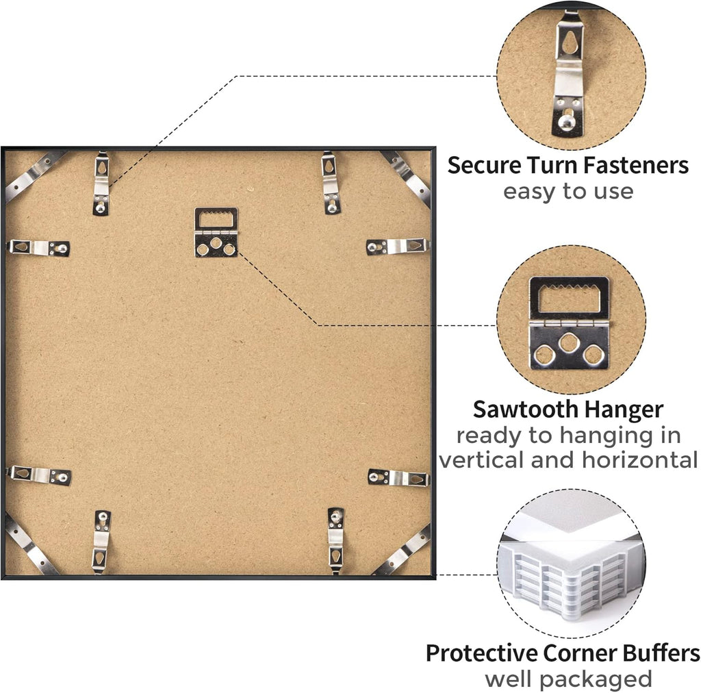 12x12 Metal Picture Frame with 10x10 Mat, Brushed Aluminum Finish, Attached Hanging Hardware, and Tempered Glass Front - Versatile Vertical or Horizontal Wall Display Frames(Black, Pack of 3)