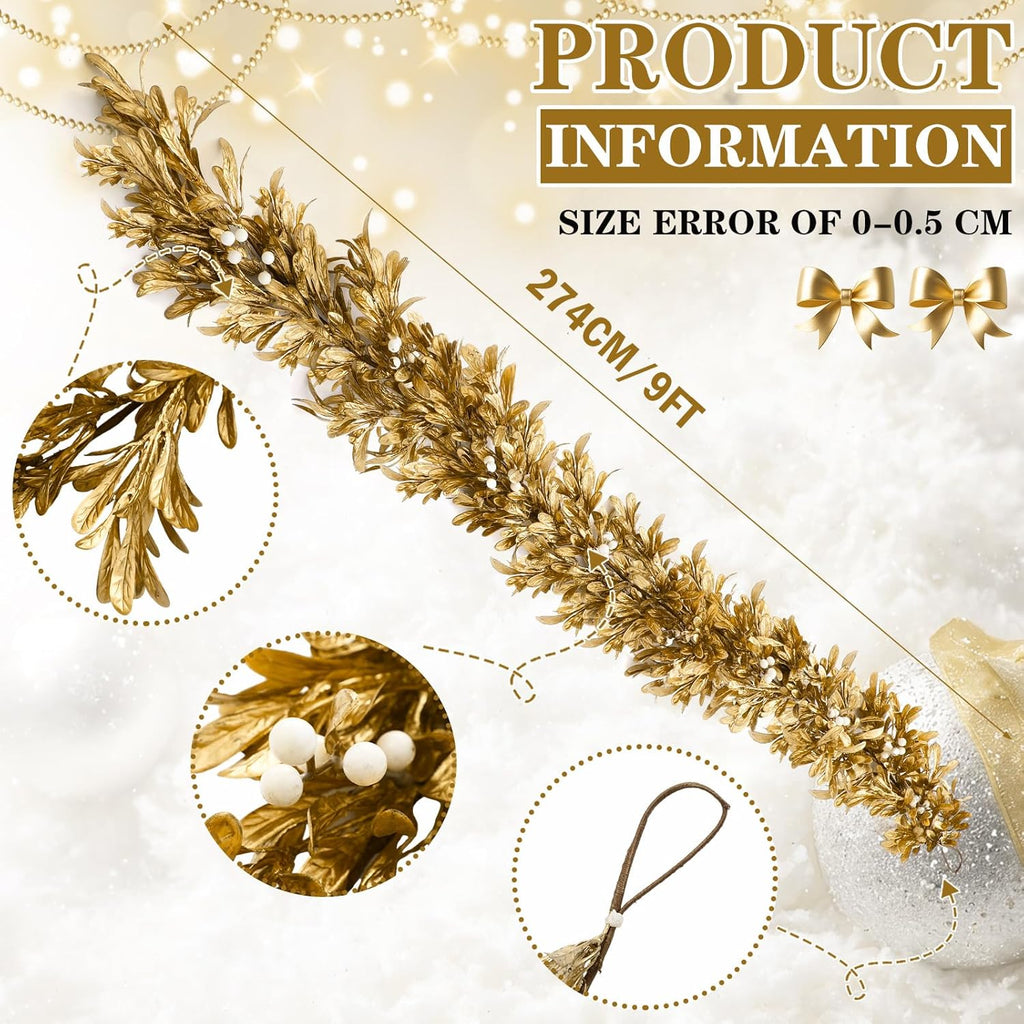 Dingion 9ft Christmas Gold Boxwood Leaf Garland Artificial Leaf Garland with Pearl White Berry for Christmas Fireplace Front Door Stairs Decoration Winter Engagement Birthday Wedding Party Supplies