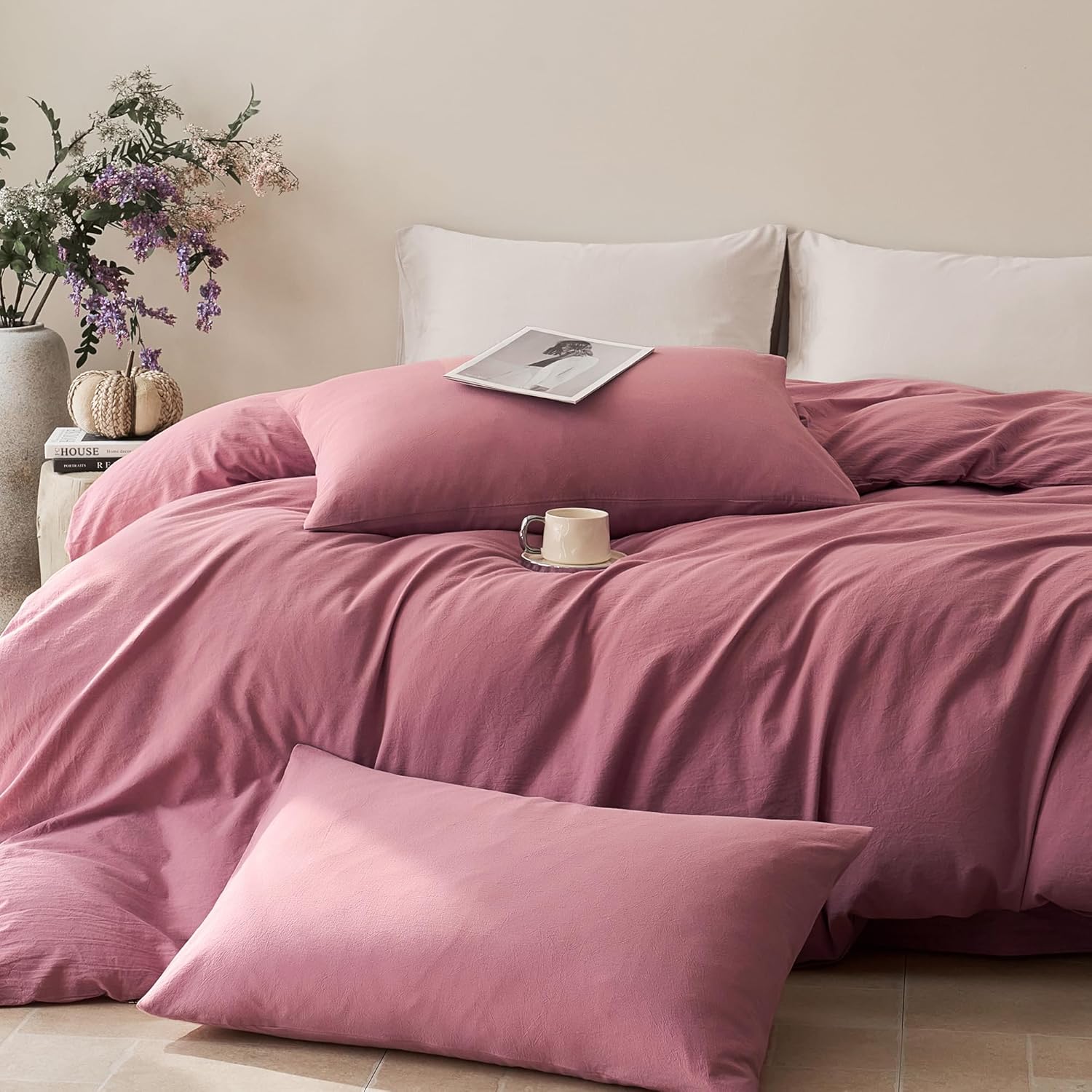 JELLYMONI Pillowcases Standard Set of 2 Washed Cotton Envelope Pillow Covers Linen-Like Texture,Maroon 20×26in Bed Pillow Cases Soft Breathable (Pillows are not Included)