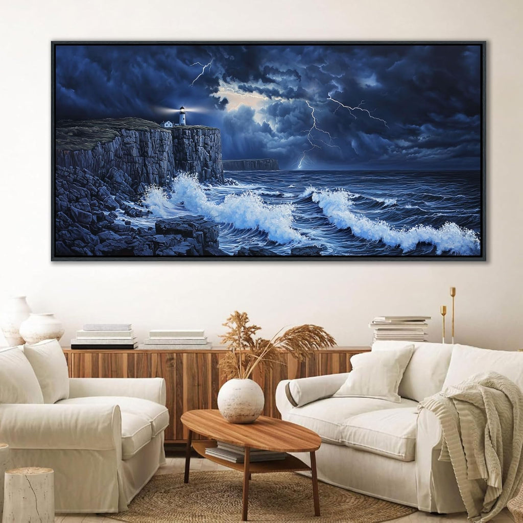 YDYSUNE Large Wall Decor- Ocean Canvas Painting Navy Blue Picture Framed Lighthouse Coastal Wall Art,Huge Waves Seascape Decoration Artwork for Living Room,Bedroom,office Size 29x58 Inches