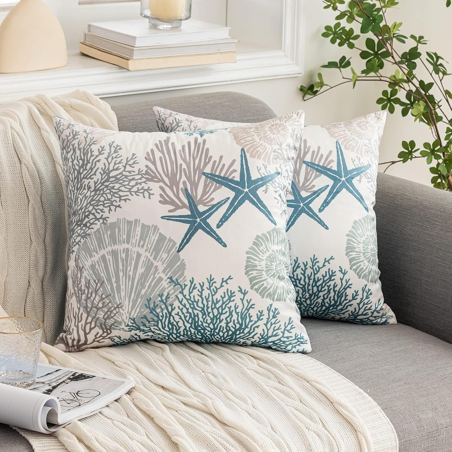 Tritard Nautical Coastal Throw Pillow Covers 20x20 Set of 2 Beach Themed Ocean Seashell Coral Starfish Velvet Couch Decorative Pillow Cases Outdoor Sofa Cushion Cover for Bedroom Living Room, Blue