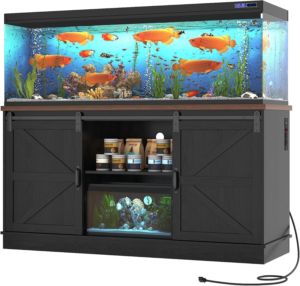 Farmhouse 75-120 Gallon Fish Tank Stand with Power Outlet, Aquarium Stand w/Cabinet&Sliding Barn Door, Heavy Duty Reptile Tank Stand for Fish/Turtle/Reptile Terrarium, 1000LB Capacity, Black