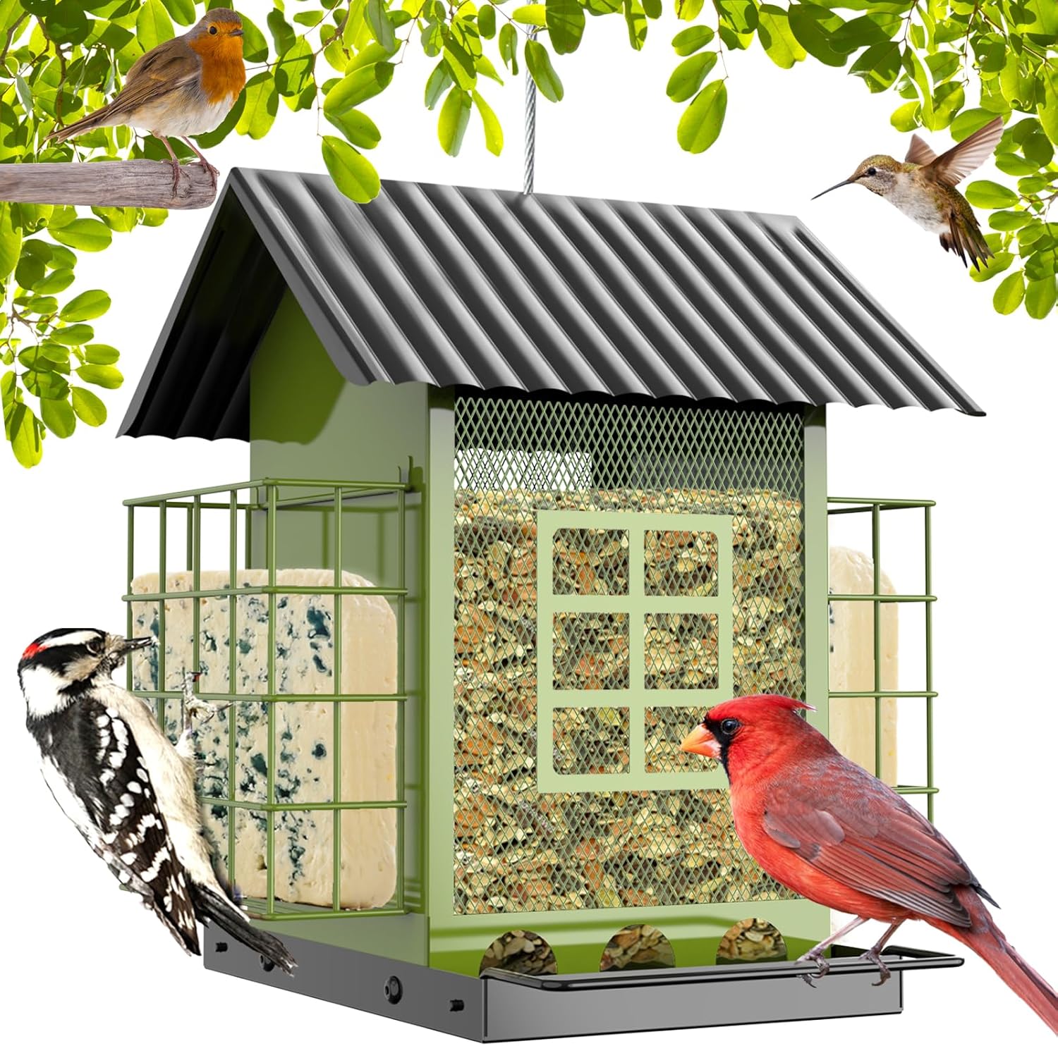 Bird Feeders for Outdoors Hanging, Metal Bird Feeder with Double Suet Cage Cake, Large Capacity, Birdfeeders Sturdy & Weatherproof, Easy to Clean & Refill, Great for Attracting Wild Birds