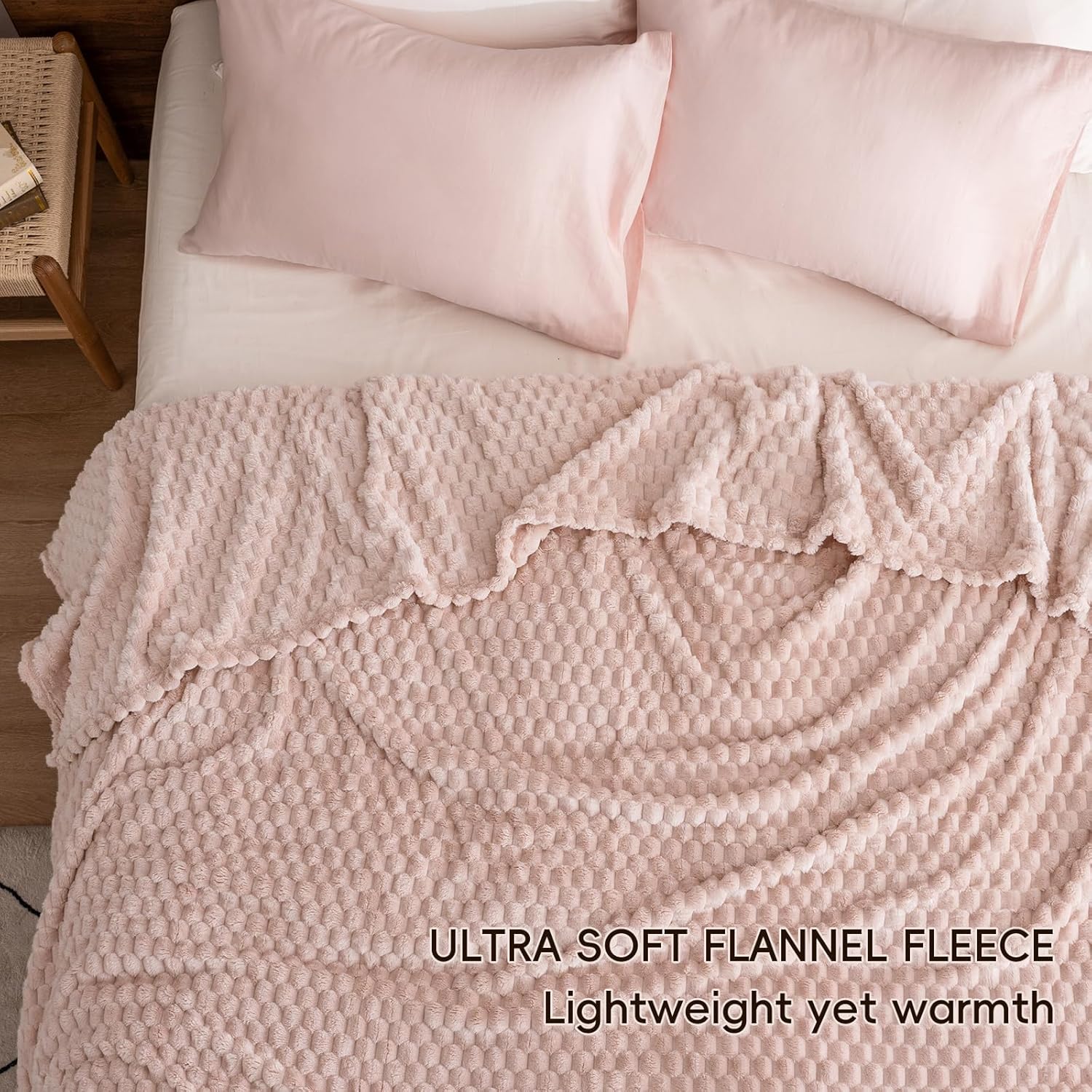 PHF Ultra Soft Flannel Fleece Blanket Queen Size, Lightweight 3D Jacquard Fleece Blanket, No Shedding, No Pilling, Luxury 340GSM Aesthetic Fluffy Cozy for Bed Room Decor, 90"x90", Rose Smoke