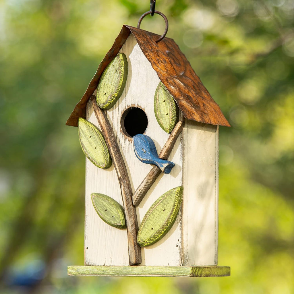 Glitzhome 9.7" H Hanging Birdhouse for Outdoor Patio Garden Decorative Pet Cottage Wooden Distressed Birdhouse, Leaves Rustic White