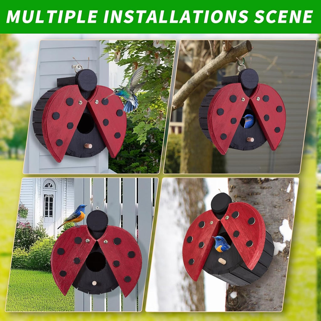 Bird Houses for Outside - Wooden Hanging Bird House - Ladybug-Shaped Birdhouse for Finches, wrens, Cardinals - Outdoors Bluebird Nesting Box - Cute Garden Decor for Wild Birds