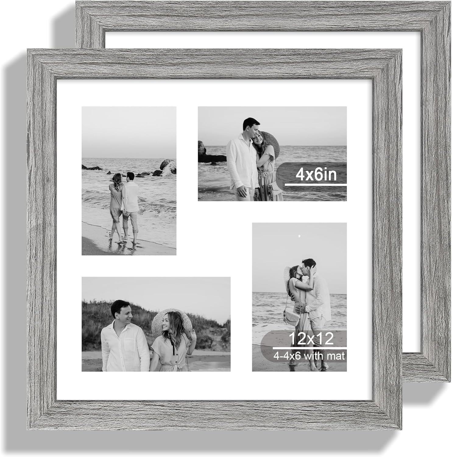 12x12 Picture Frame Set of 2, Grey Wood Frame with Glass Collage Frame, Display Pictures 4-4x6 With Mat or 12 x 12 Without Mat, Square Photo Frames Collage for Wall Hanging or Tabletop