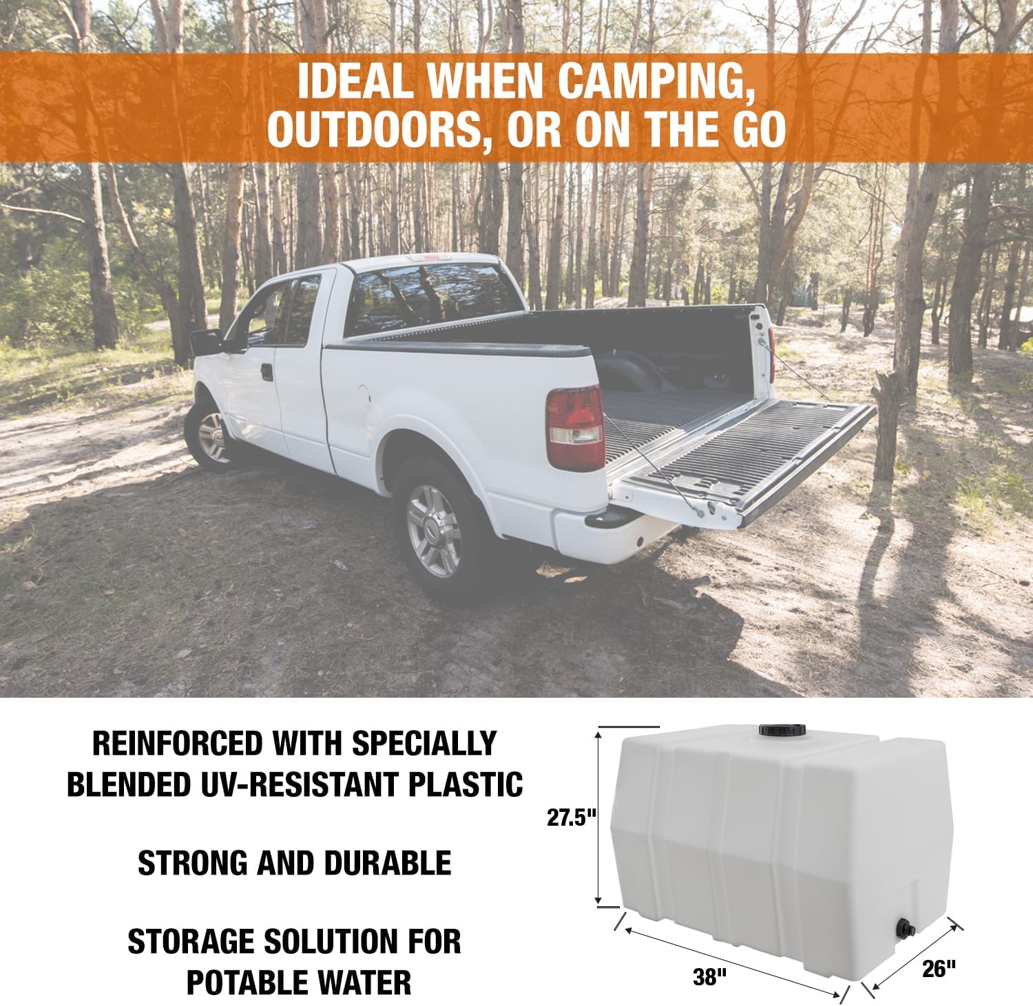 RomoTech 82123929 Horizontal Square Reservoir Water Tank, 100 gallon, Made in USA, Natural Poly Tank For Non-Flammable Liquids, UV-Resistant, Ideal for Agricultural Use, RV Water Storage