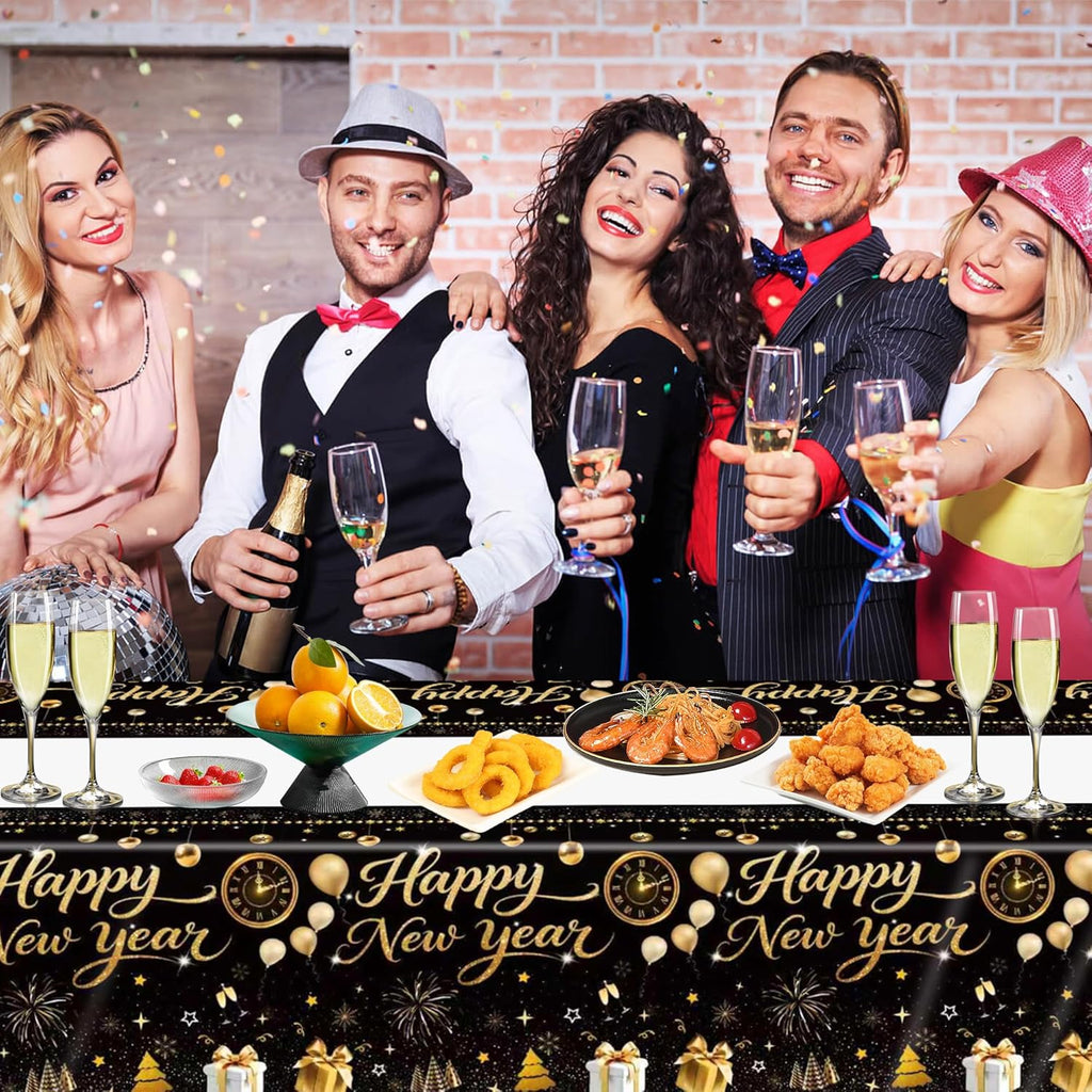 3 Pieces Happy New Year Tablecloths Plastic Disposable Table Covers for Happy New Year Party Theme Decorations Supplies 54 x 108 Inch