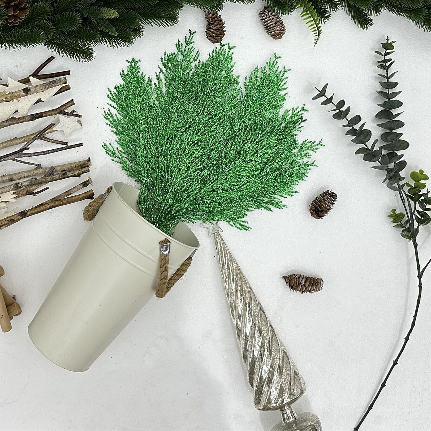 Christmas Glitter Stems 24pcs Artificial Pine Tree Picks for Christmas Tree Ornaments fillers, DIY Xmas Wreath, Crafts, Garland, Holiday, Party, Wedding and Home Decoration (Green)