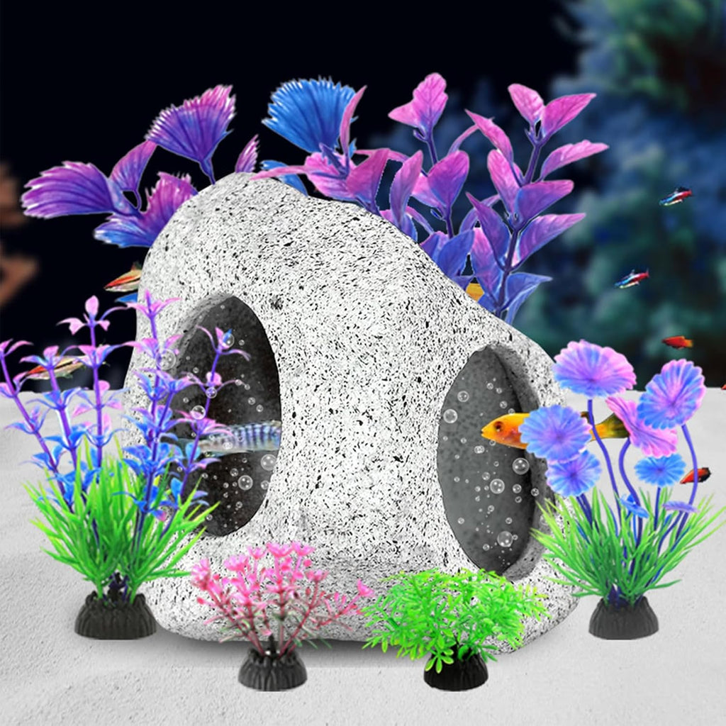 Fish Tank Decorations Set, Aquarium Decor Hideaway Rock Cave x 1pc, Decor Accessories Aquatic Plants x 6pcs.