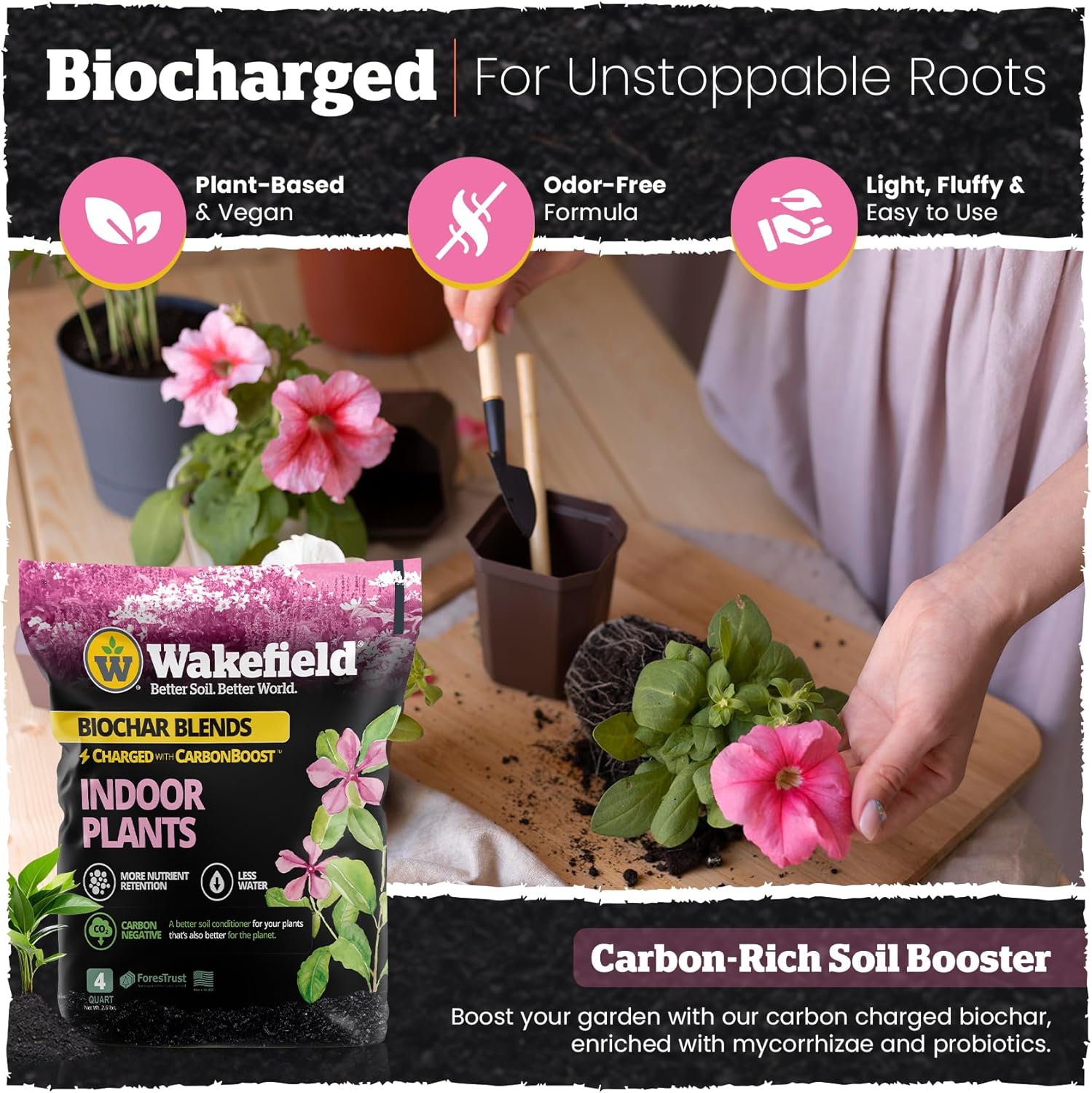 Wakefield Biochar Potting Mix & Indoor Plant Soil – Potting Soil Indoor Plants w/CarbonBoost Technology – Organic Compost, Pine Bark, Worm Castings – Garden Dirt - 4 Quart