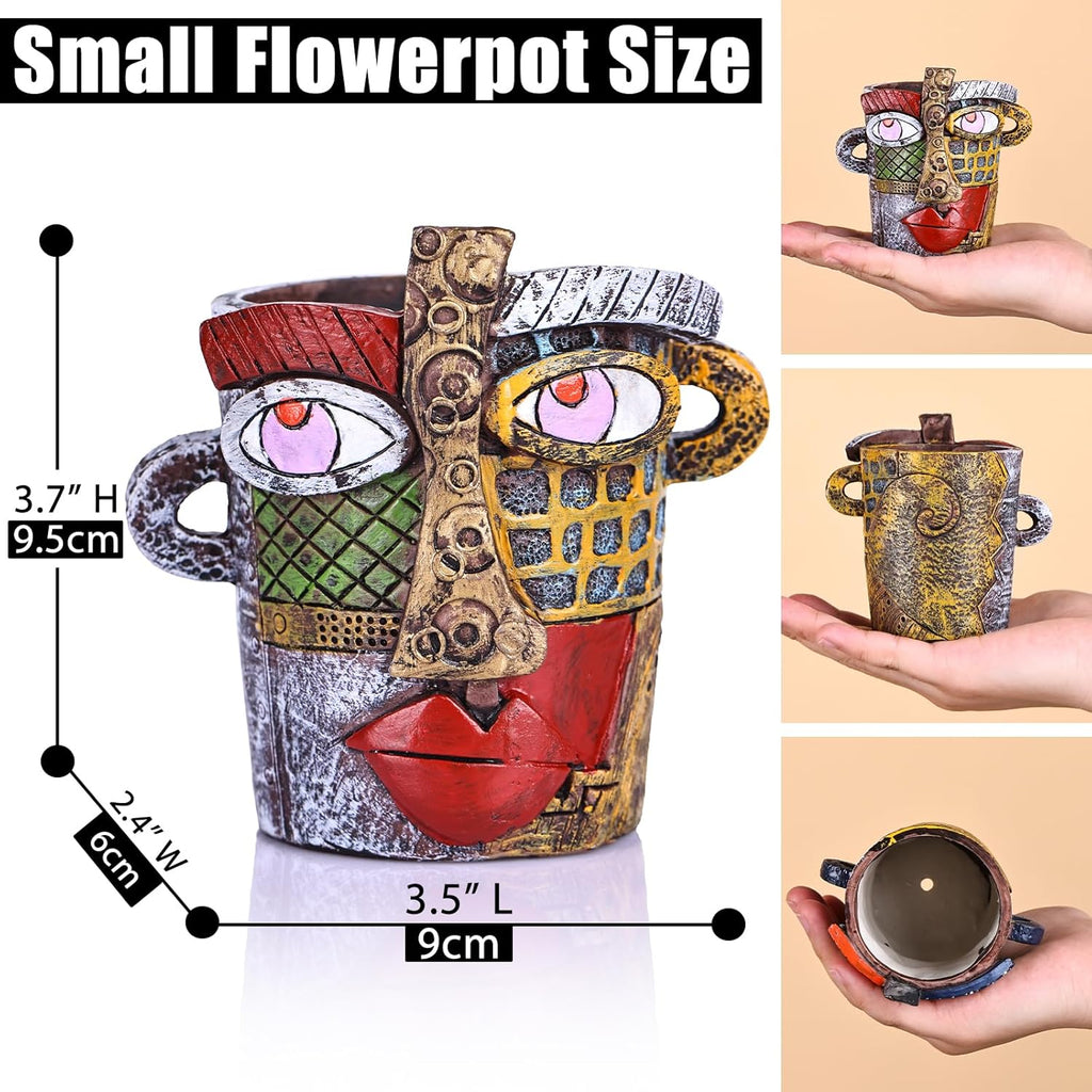 Mini Face Planters Pots Head, Abstract Colorful Graffiti Cute Mini Pots for Plants with Drainage, Ideal for Indoor Outdoor Unique Planters for Plants (Old Color)