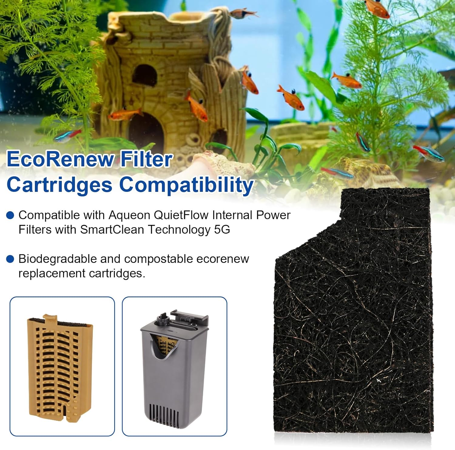 Extra Small Aquarium EcoRenew Filter Cartridges for Aqueon QuietFlow Internal Power Filters with SmartClean Technology 5G, Replacement Fish Tank Filter Cartridge for Saltwater and Freshwater, 4 Pack