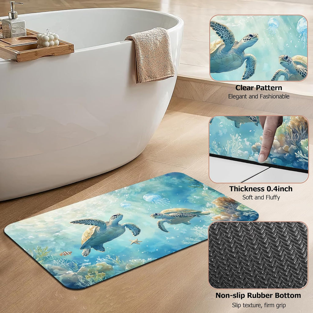Bath Mat,Sea Turtles Bathroom Rugs,Quick-Drying Non-Slip Rubber Bath Mats Absorbent Diatomaceous Earth Mat for Bathroom Home Decor 17"x29.5"