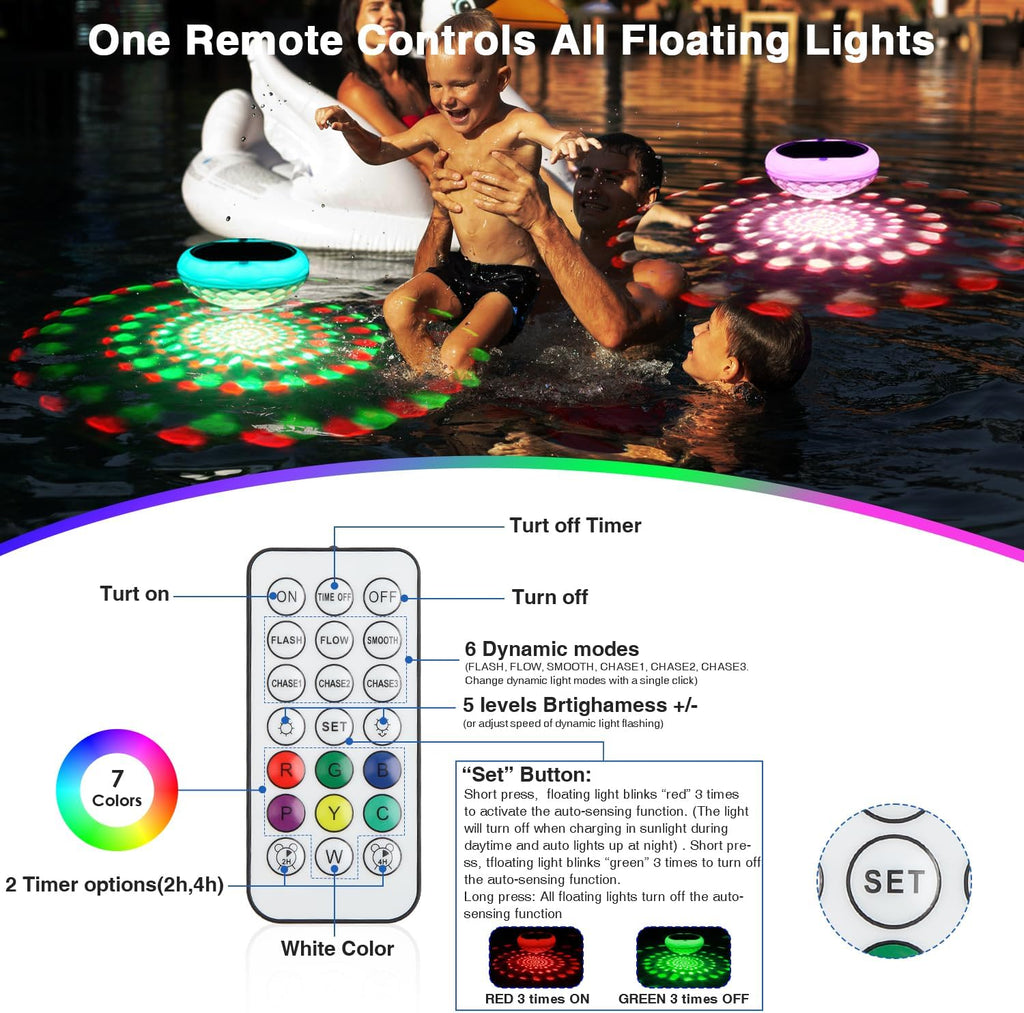 2-in-1 Solar Powered USB Rechargeable Floating Pool Lights, 6.69 Inch IP68 Waterproof 2600mAh Pool Lights 6 Dynamic Modes with Remote Upper and Lower Glow Hangable for Backyard Pond 4 PCS