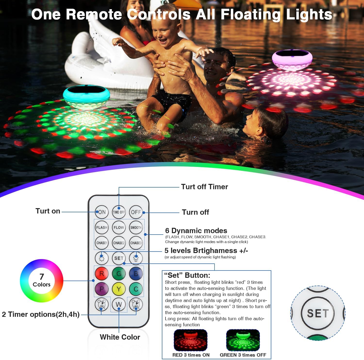 Solar Floating Pool Lights, USB Rechargeable 2600mAh Pool Lights with Remote, 6.69 Inch IP68 Waterproof RGB 6 Dynamic Modes Upper and Lower Glow Hangable Solar Floating Light for Garden 2 PCS