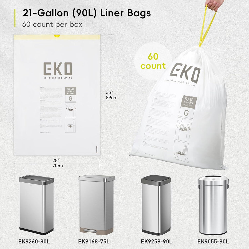 EKO 21 Gallon / 50-90 Liter, 60 Count Drawstring Trash Bags, Extra-Strong Garbage Bags, Fresh Floral Scent with Continuous Odor Control, Easy-Dispense Roll for Kitchen and Household Use, Code G, White