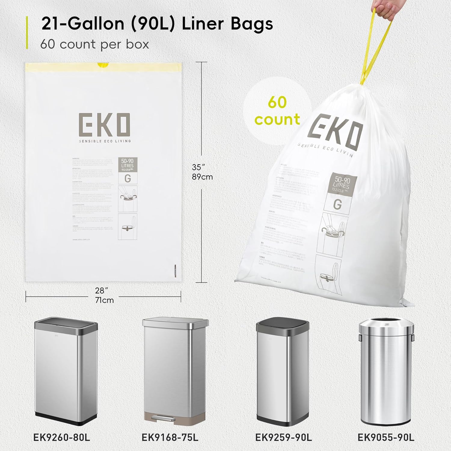 EKO 21 Gallon / 50-90 Liter, 60 Count Drawstring Trash Bags, Extra-Strong Garbage Bags, Fresh Floral Scent with Continuous Odor Control, Easy-Dispense Roll for Kitchen and Household Use, Code G, White