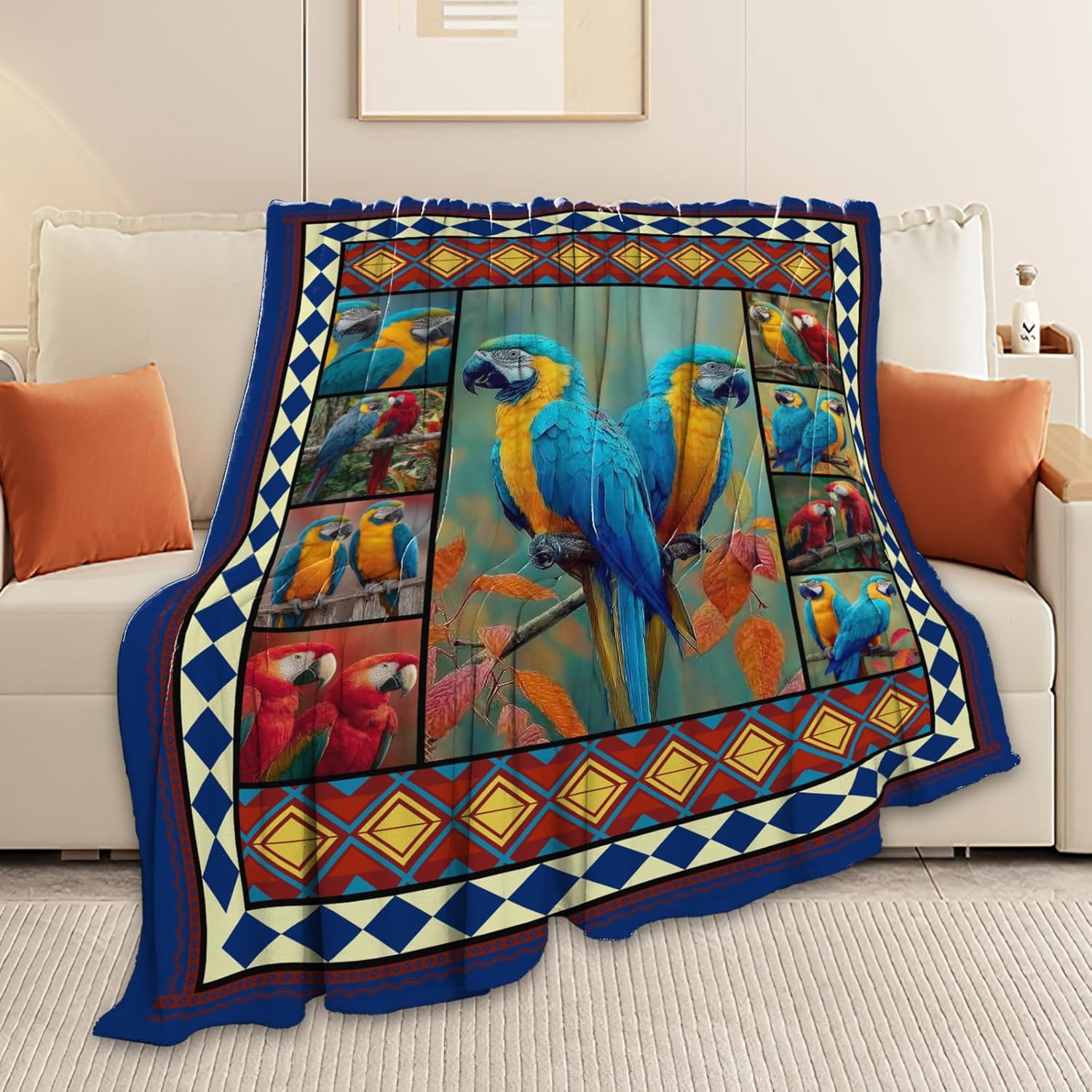 Parrot Bird Throw Blanket Macaw Stuff Gifts for Kids Girls Boys Adults Women Men Soft Cozy Warm Plush Fluffy Fuzzy Fleece Blanket Decor 50''X60''