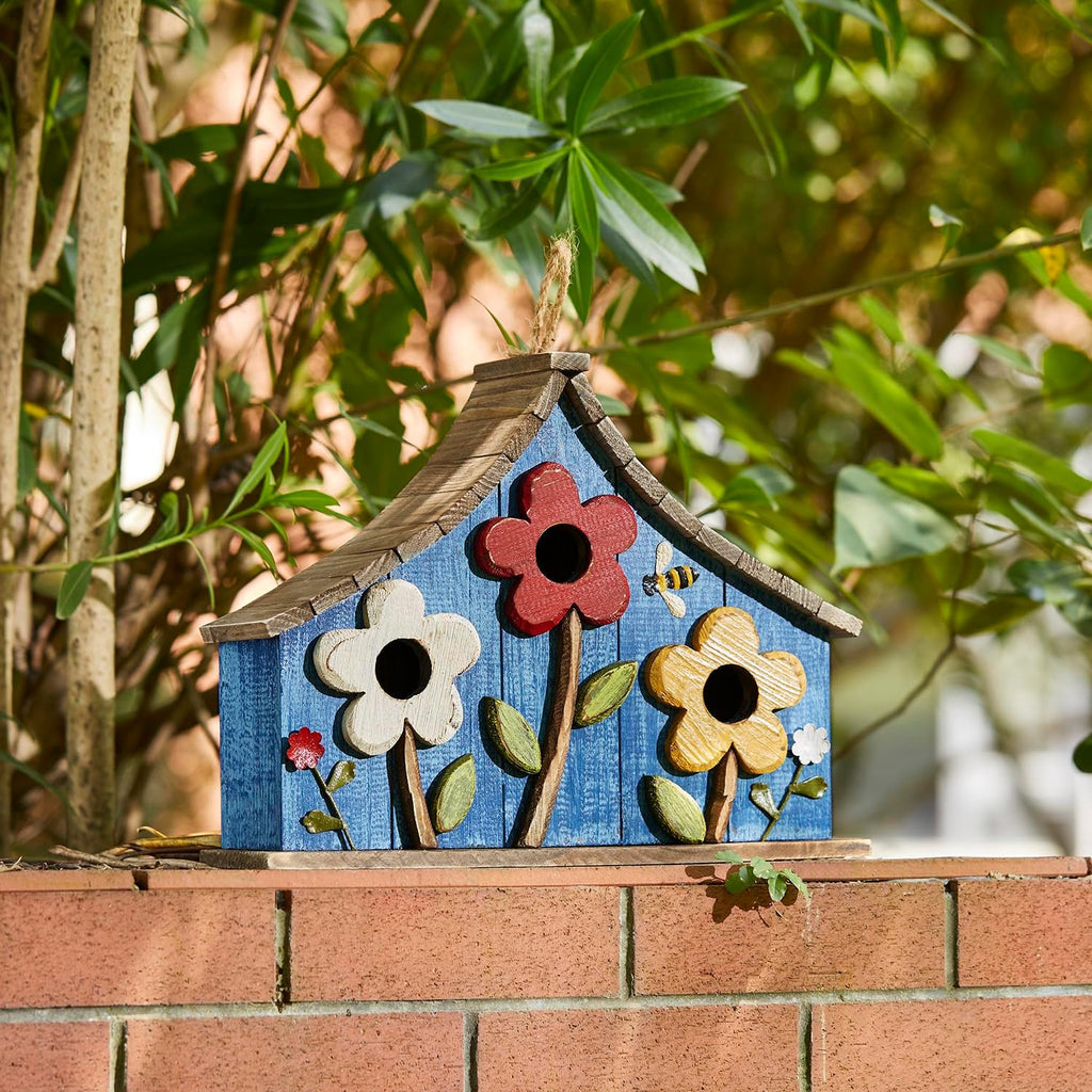 Glitzhome Bird Houses for Outside, 15" L Oversized Distressed Solid Wood Birdhouse with 3D Flowers Rustic Three-Story Villa Decorative Hand-Painted Hanging Bird Houses for Outdoors,Washed Blue