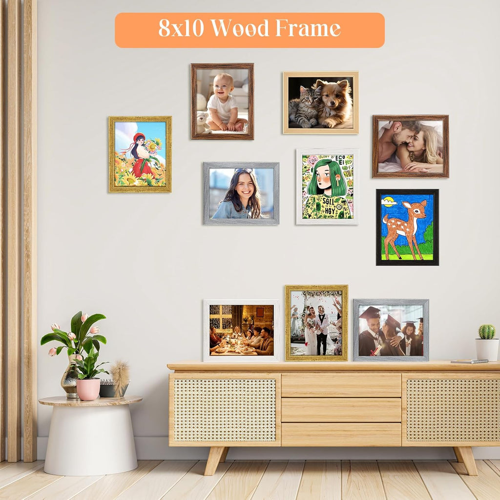 8x10 Wood Frames Set Black, Natural Wooden 10x8in Picture Frames, Modern Golden 8 x 10inch Gallery Photo Pic Frame with HD Plexiglass, Horizontal Vertical Wall Mounting Tabletop Display 1Pcs