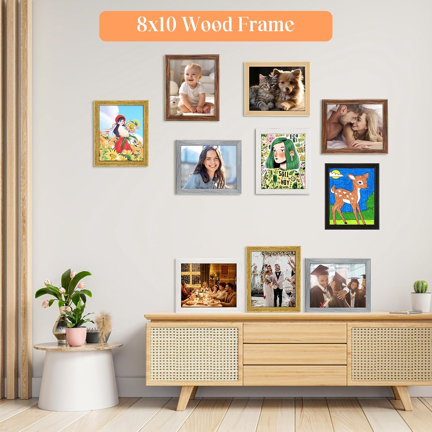 8x10 Wood Frames Set Black, Natural Wooden 10x8in Picture Frames, Modern Golden 8 x 10inch Gallery Photo Pic Frame with HD Plexiglass, Horizontal Vertical Wall Mounting Tabletop Display 1Pcs