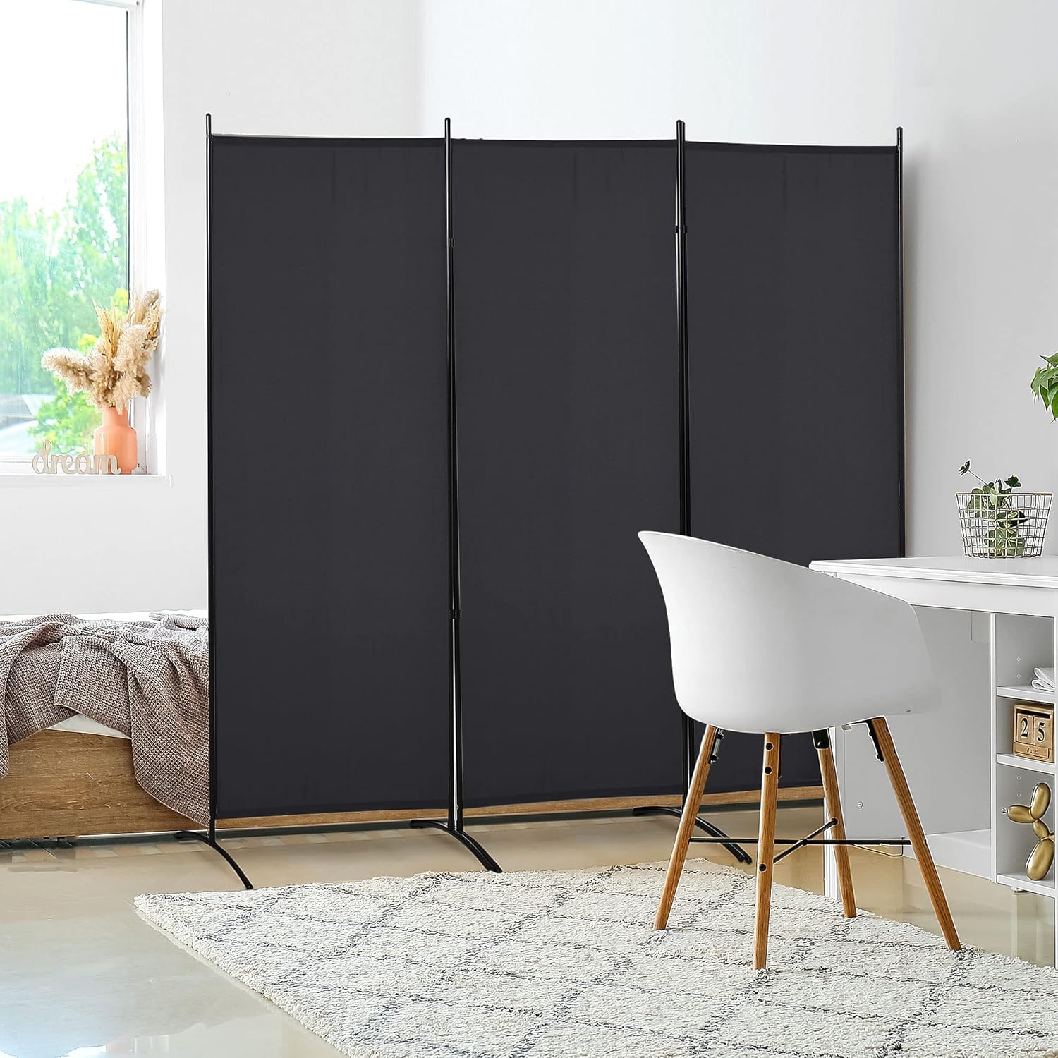 HOMCOM 6 Ft Tall 3 Panel Fabric Room Divider, Freestanding Partition Wall Divider, Folding Privacy Room Separator for Indoor, Home Office, Black