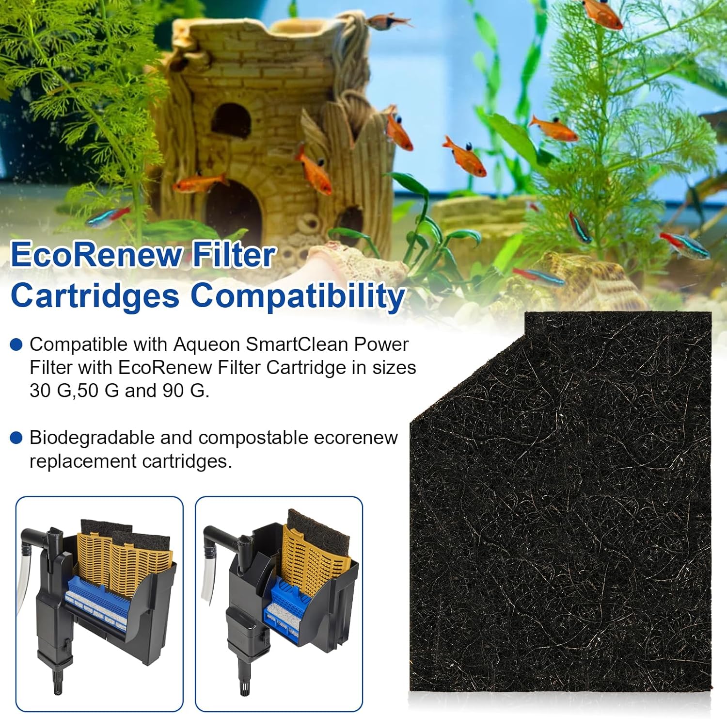 Large Aquarium EcoRenew Filter Cartridges for Aqueon SmartClean Power Filter with EcoRenew Filter Cartridge in sizes 50-90G, Replacement Fish Tank Filter Cartridge for Saltwater and Freshwater 6 Pack