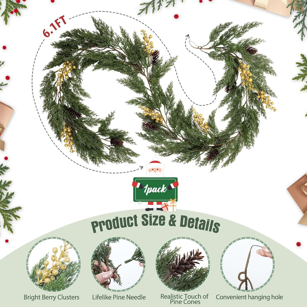 SJL Realistic Winter Greenery Garland Faux Christmas Garland with Gold Berry Pine Needle Greenery Artificial Cedar Cypress Garlands for Fireplace Mantel Stairs Table Porch Holiday Christmas Decor