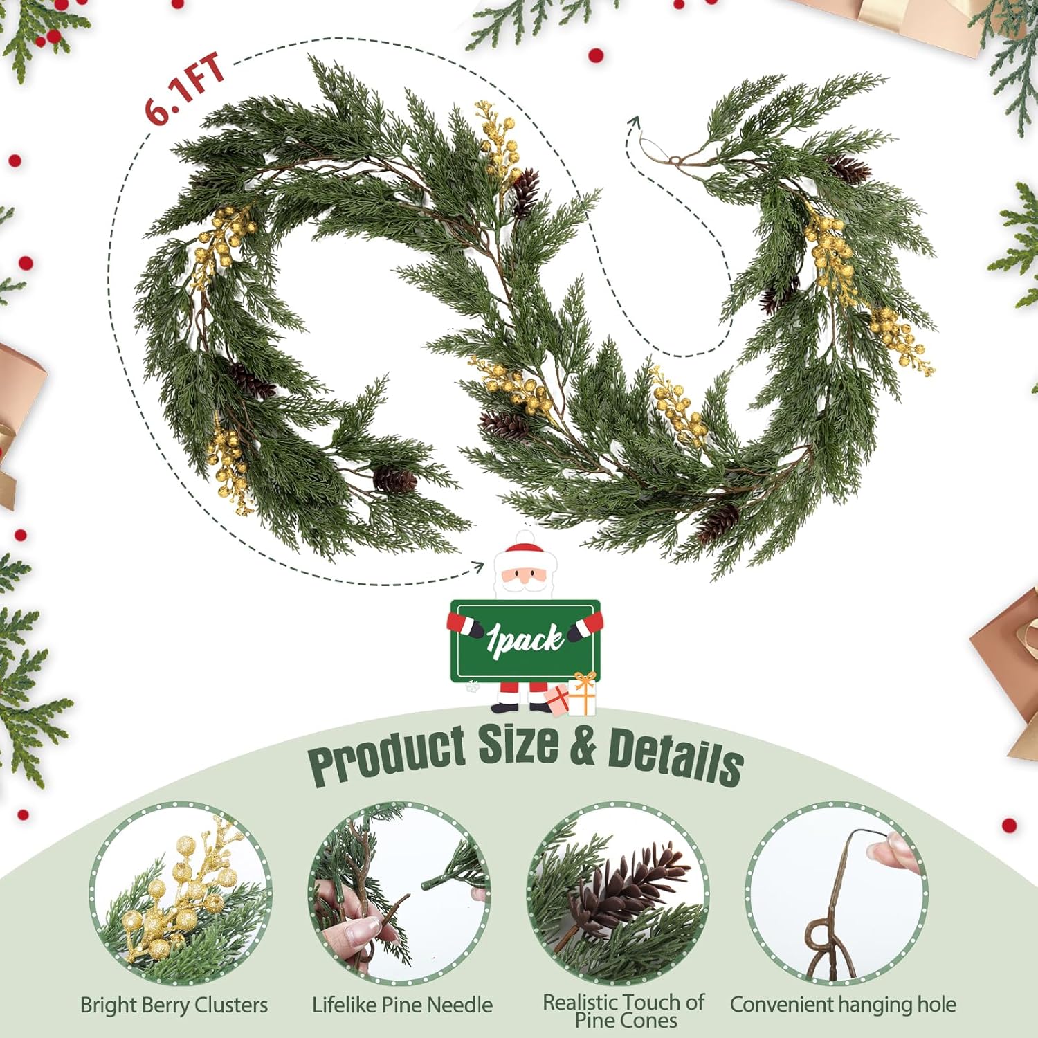 SJL Realistic Winter Greenery Garland Faux Christmas Garland with Gold Berry Pine Needle Greenery Artificial Cedar Cypress Garlands for Fireplace Mantel Stairs Table Porch Holiday Christmas Decor